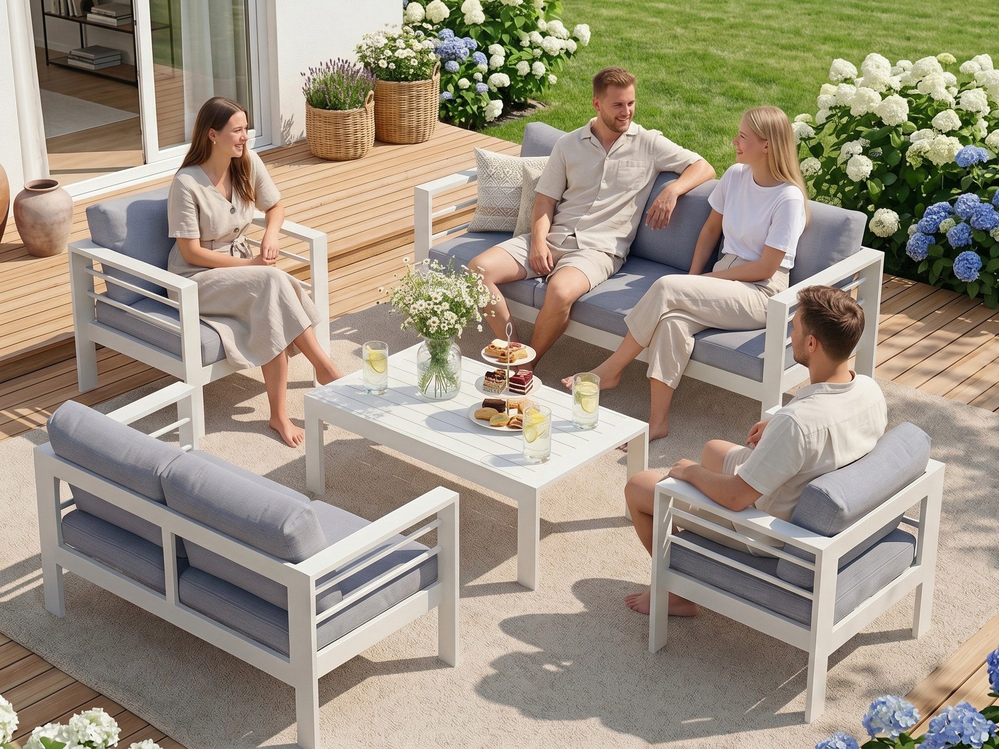 MeXo Gartenlounge-Set Gartenmöbel Set Aluminium wetterfest 6-7 Personen, (12cm Deluxe Relax-Sitzkissen, 5-tlg., Belastbarkeit pro Sitzplatz 140kg), outdoor Gartensofa mit Tisch, 8 cm breite Armlehne