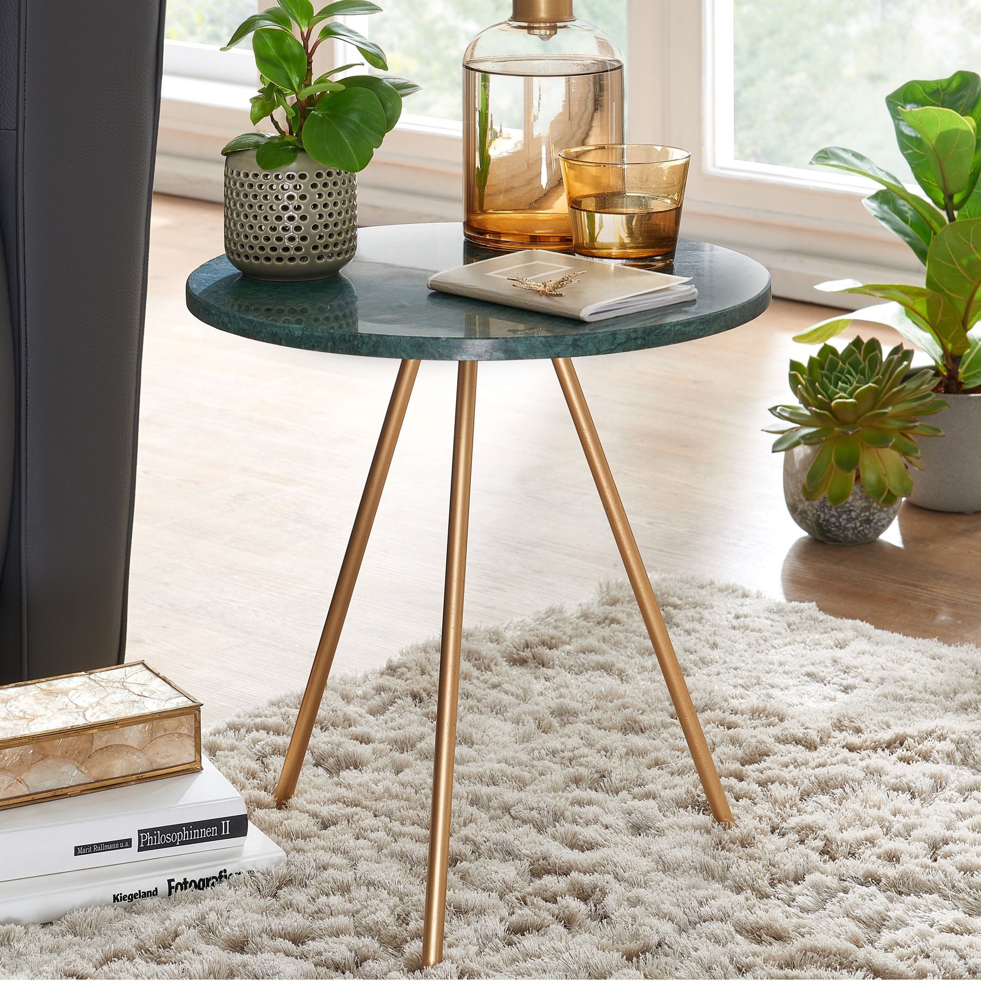 FINEBUY Beistelltisch FB75826 Sofatisch Echter Marmor Ø 38 cm Tisch Wohnzimmertisch (Echter Marmor Grün 38x38x44cm Anstelltisch Metall), Dreibein Sofatisch, Wohnzimmertisch Rund Modern