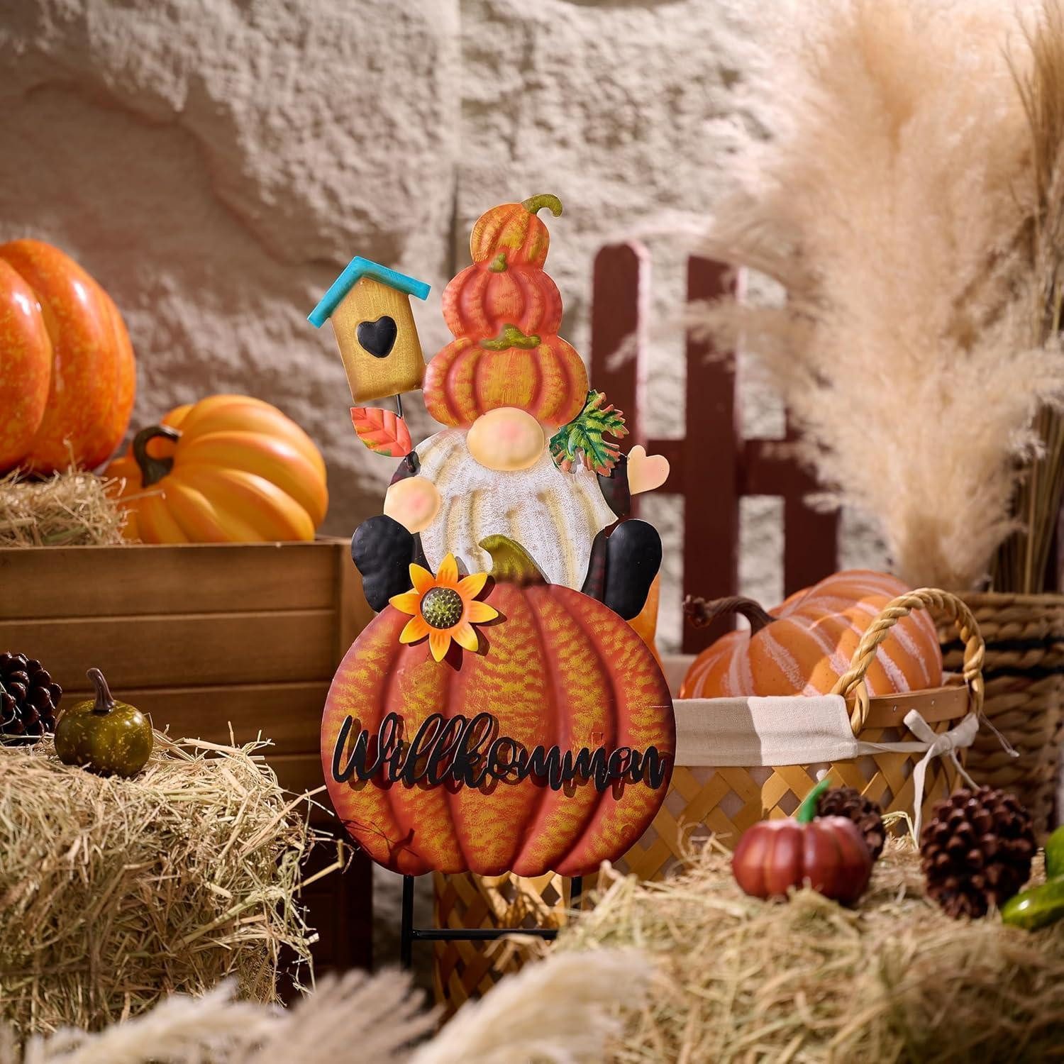 LuxusKollektion Gartenzwerg Herbstdeko Gartendeko Draußen GNOME Kürbis Gartenstatuen Metall Deko