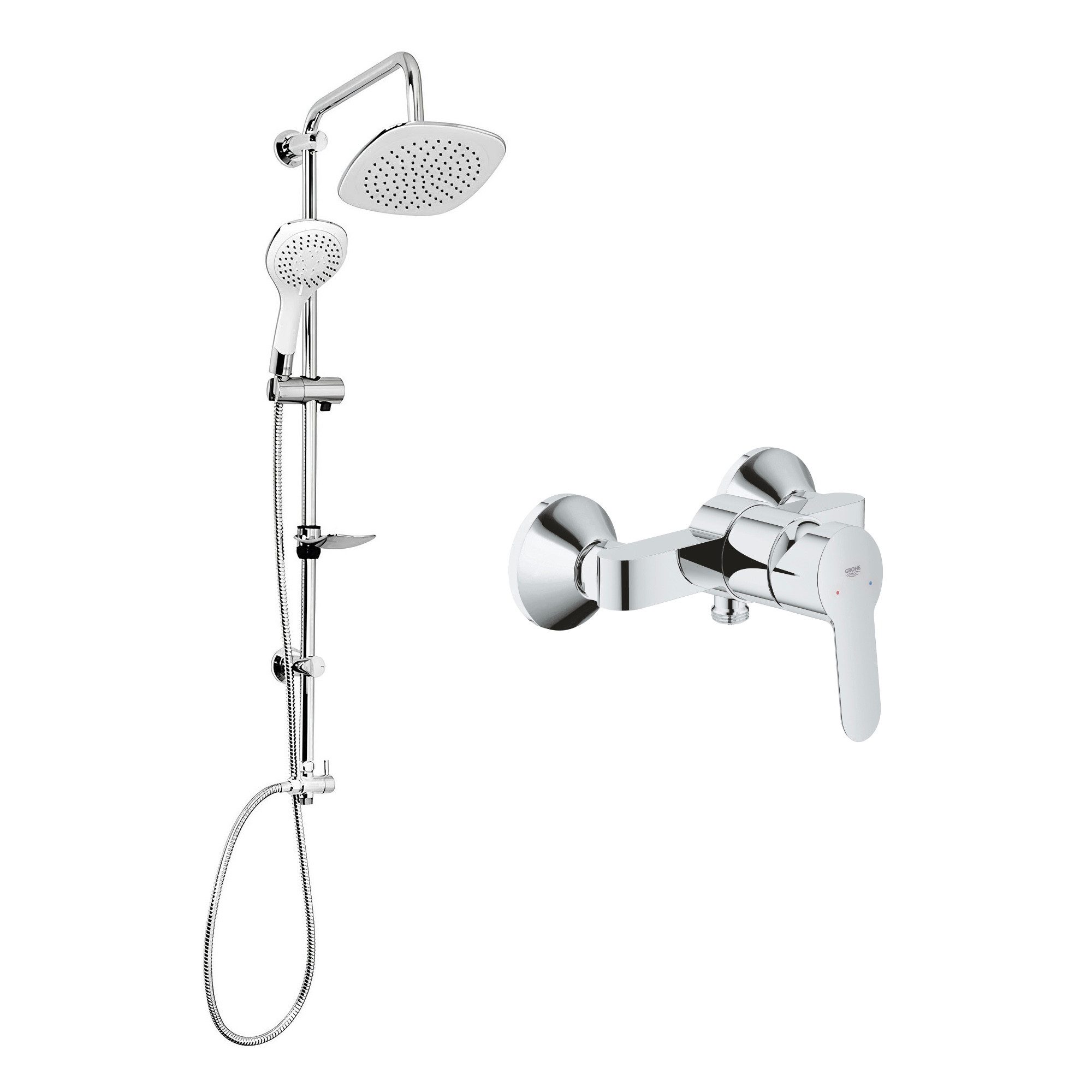 Grohe Duscharmatur BauEdge Duschsystem mit Einhandarmatur, Brause, Duschstange & Schlauch (Spar-Set) Chrom Duschset mit 1,5m Schlauch & Seifenhalter, mit Regendusche