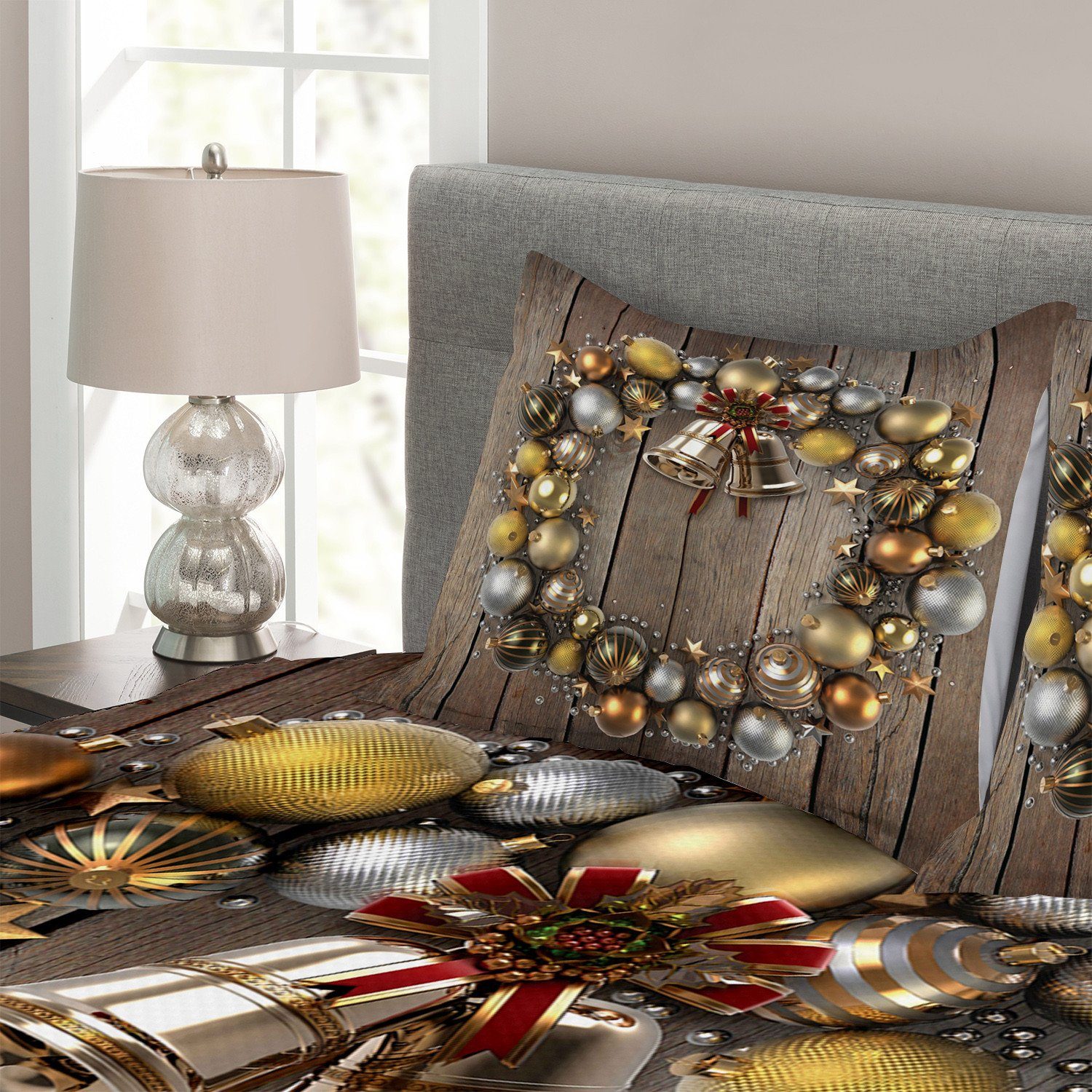 Tagesdecke Set mit Kissenbezügen Holz Weihnachten Abakuhaus, Waschbar, rustikalem auf Flitter