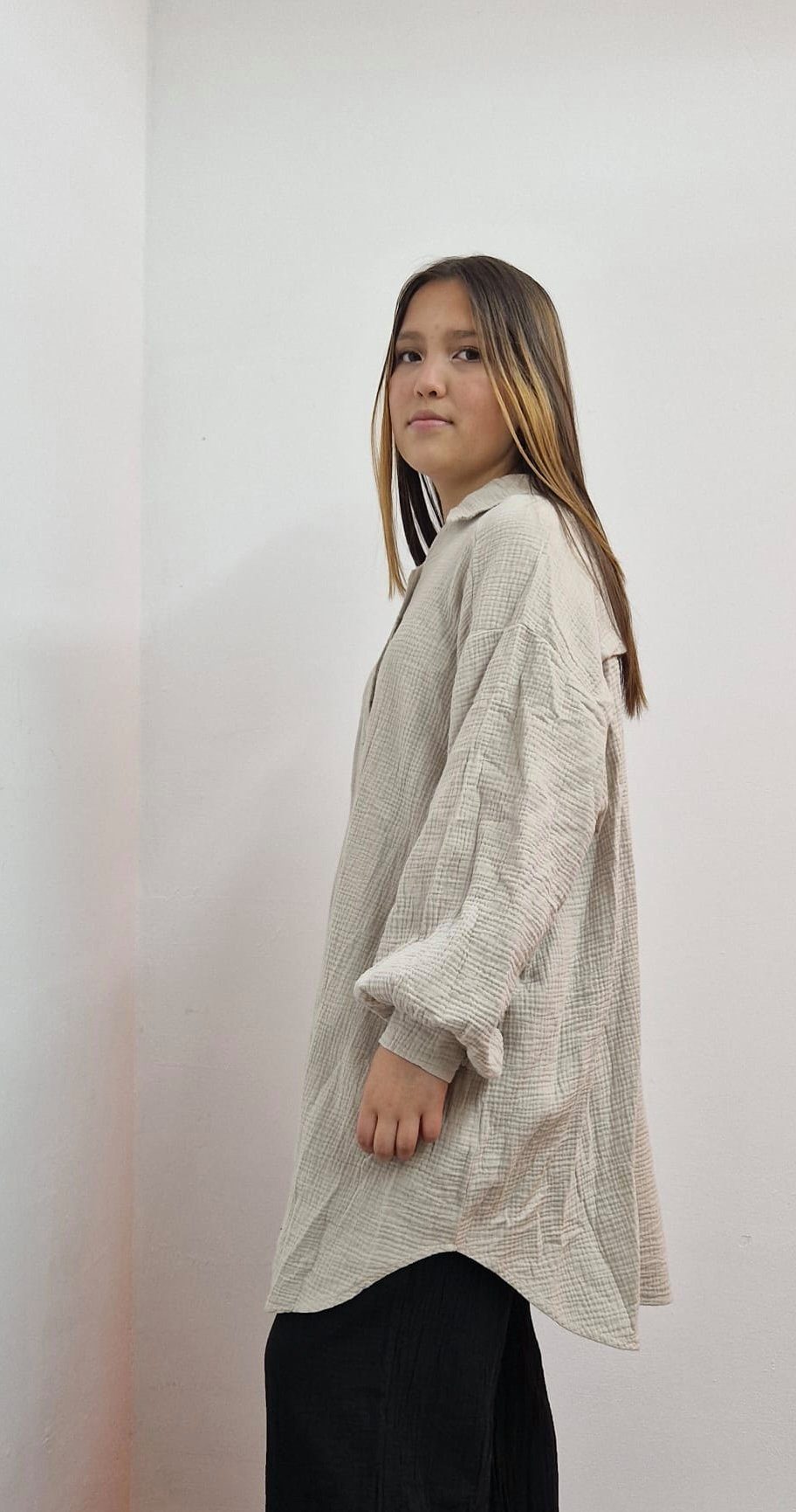 HELLO MISS Blusenkleid Beliebte Musselin Oversize Bluse in Lang, Baumwolle Hemd, Sommer Bluse in Unifarbe