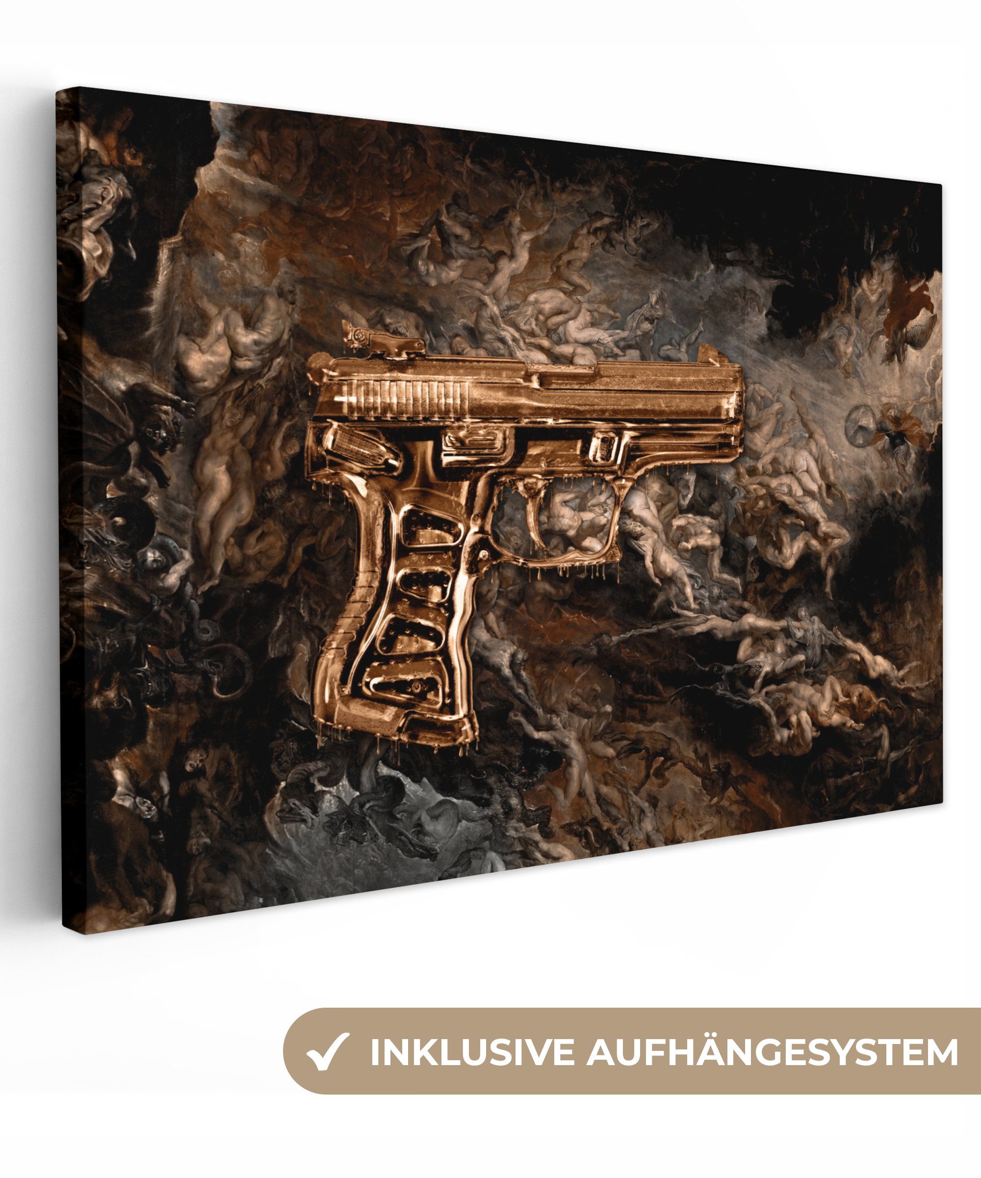 Gold - 30x20 (1 St), Wandbild Aufhängefertig, Leinwandbilder, Rauch, - Leinwandbild OneMillionCanvasses® Wanddeko, cm Pistole