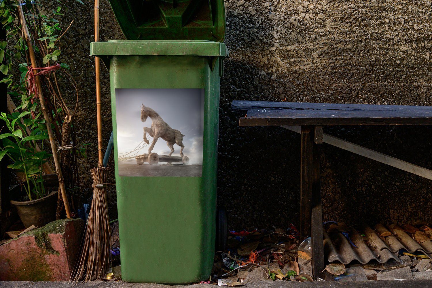 St), Mülleimer-aufkleber, trojanische (1 Abfalbehälter Wagen Mülltonne, Sticker, auf einem Wandsticker MuchoWow Das Container, Pferd