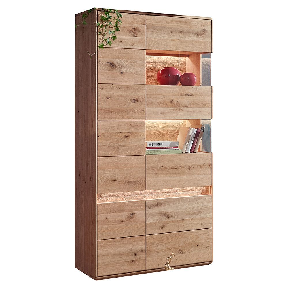 Lomadox Vitrine WELLAND-69 103 cm, Eiche massiv geölt mit LED-Beleuchtung, Türanschlag rechts