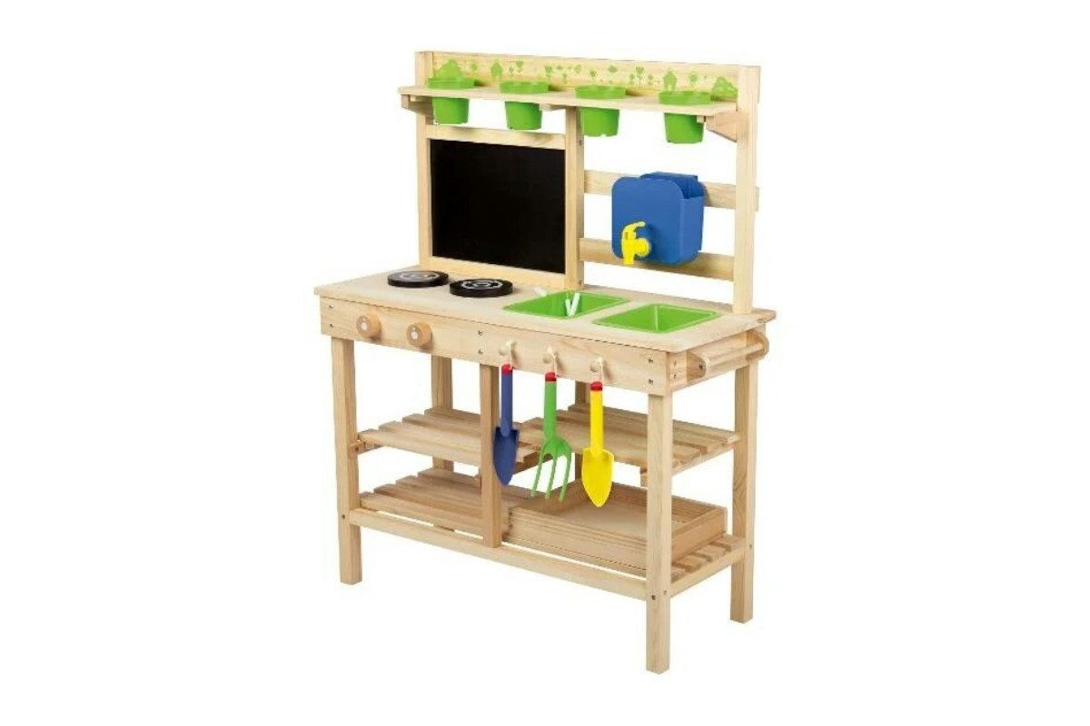 Playtive Outdoor-Spielküche Spielküche Outdoor Matschküche Echtholz Holzküche Waschbecken Garten Holz, Kunststoff, Integrierter Wasserhahn mit Eimer und zwei Spülbecken