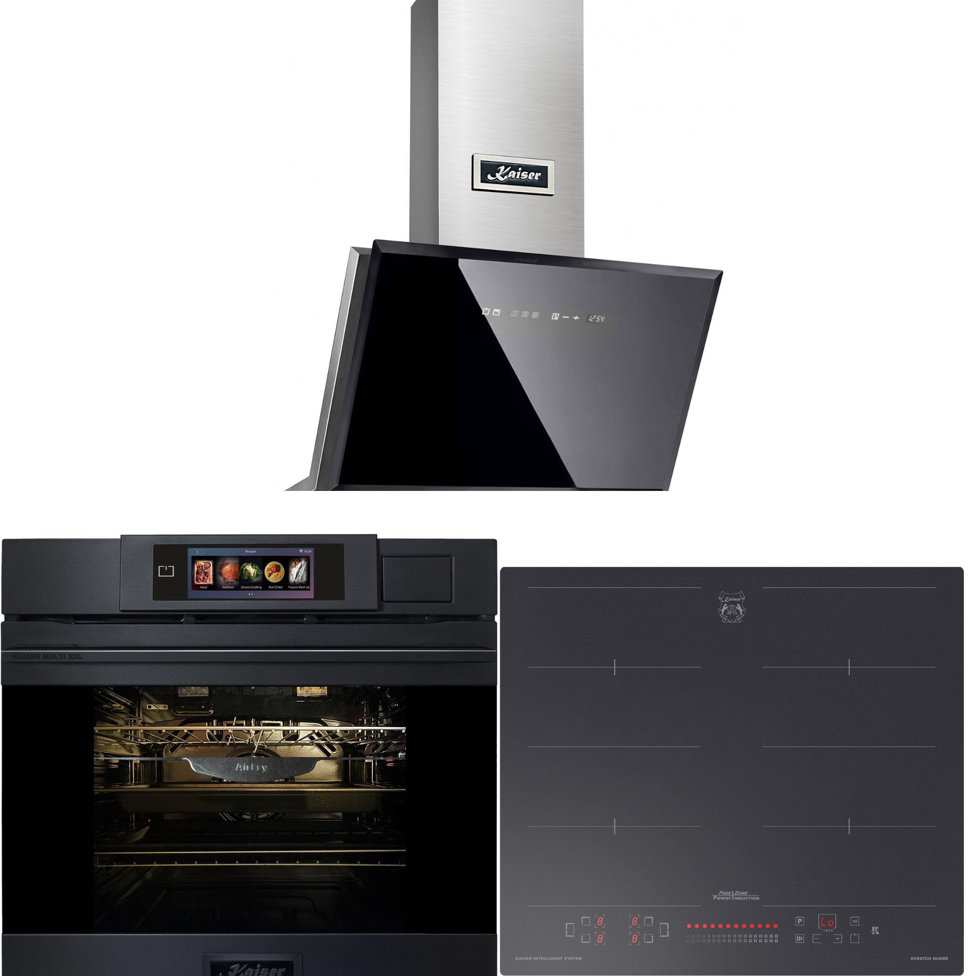 Kaiser Küchengeräte Backofen-Set Herd Set Autark XXL Multi 37,Multifunktions-Elektro-Dampfbackofen mit Dampfreinigung, 60 cm+Induktions Kochfeld Autark Herd Power Booster 60 cm Anti Scratch/ matt+Dunstabzugshaube 60 cm, Edelstahl, 1250m³/h EH 6341+KCT 6110 FI+AT 6430 F ECO, mit 1-fach-Teleskopauszug