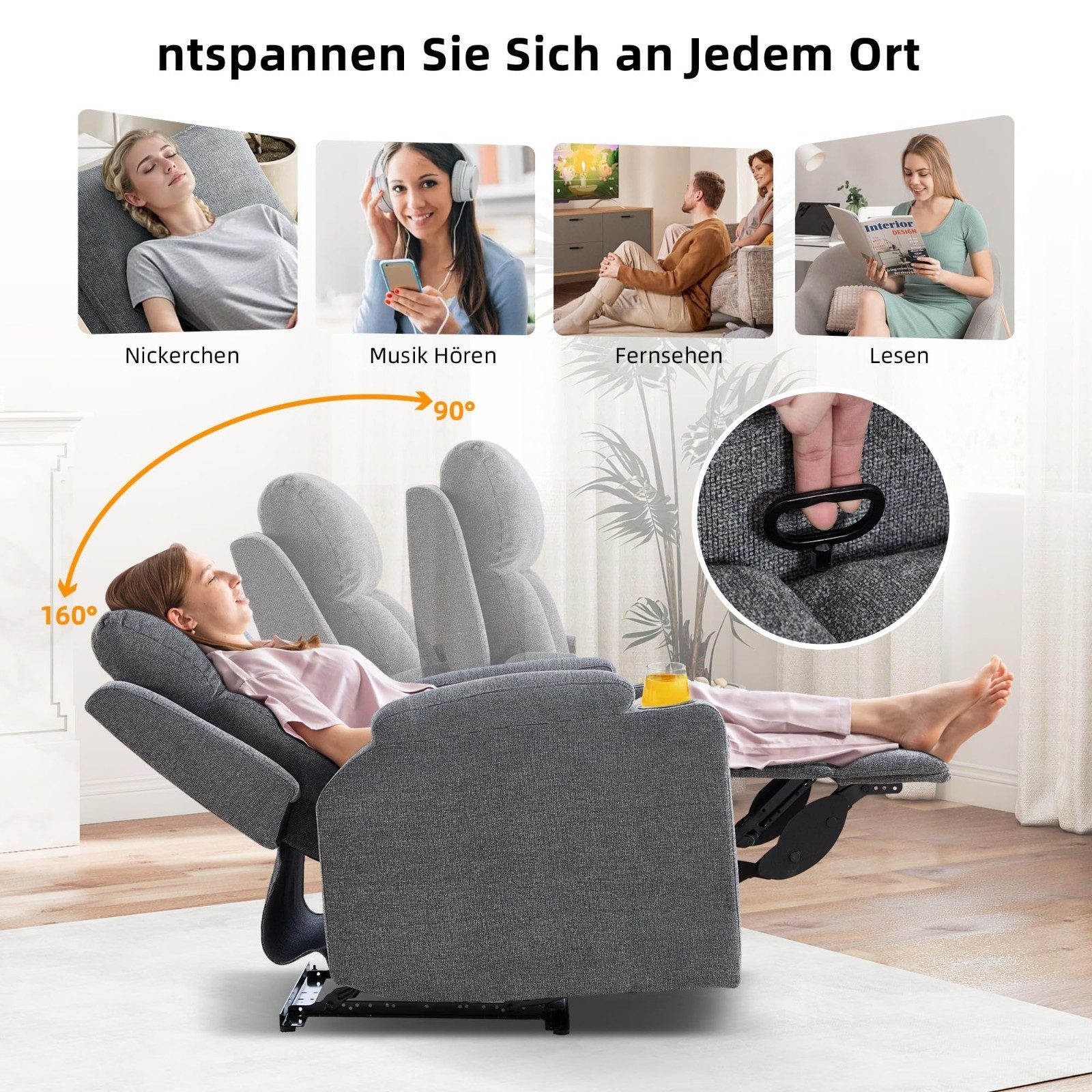 Bonzy Home TV-Sessel Relaxsessel mit Liegefunktion, Fernsehsessel, Wohnzimmer 90 °-160 ° (1-St), Manueller Verstellbarer Relaxsessel mit Fußstütze und Becherhal – Bild 5 von 5