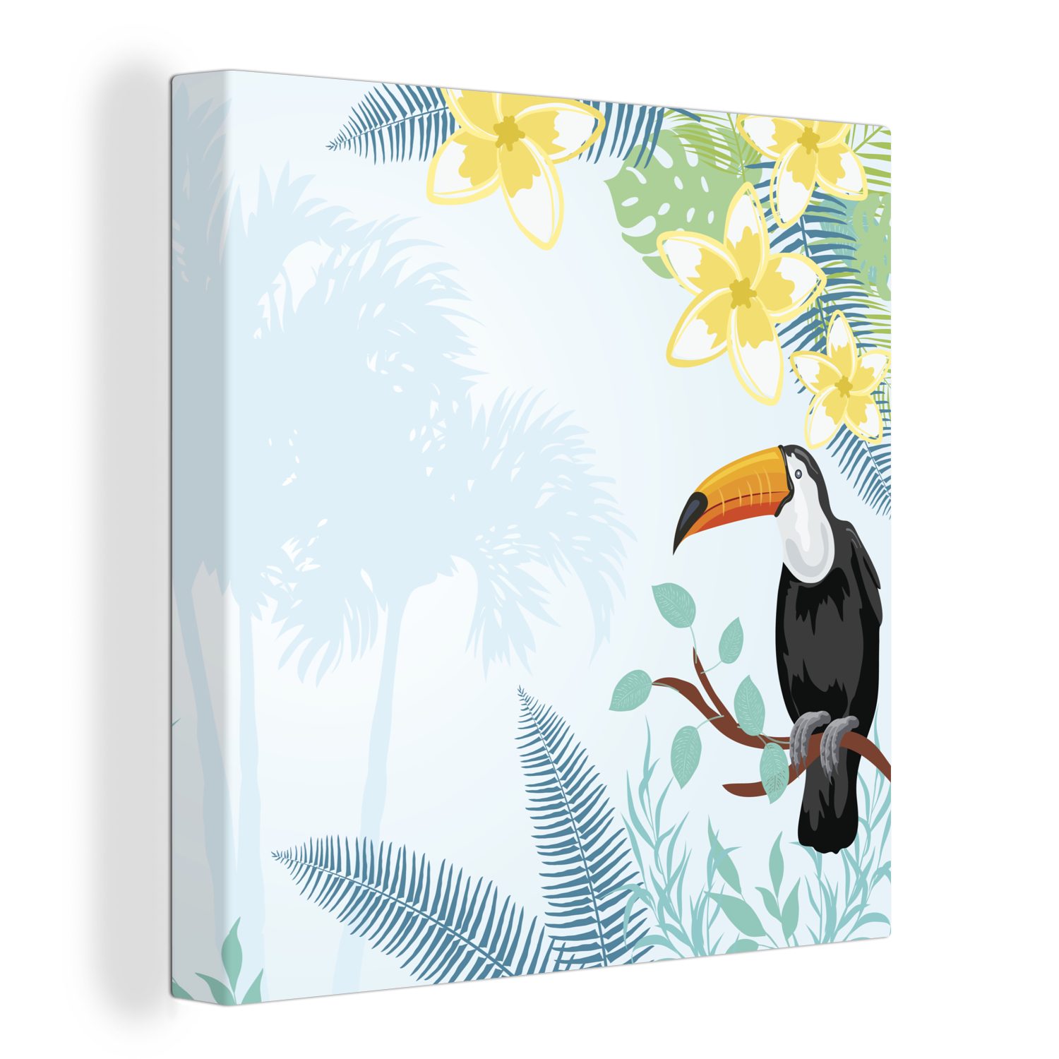 OneMillionCanvasses® Leinwandbild Eine Illustration von tropischen Pflanzen mit einem Tukan, (1 St), Leinwand Bilder für Wohnzimmer Schlafzimmer