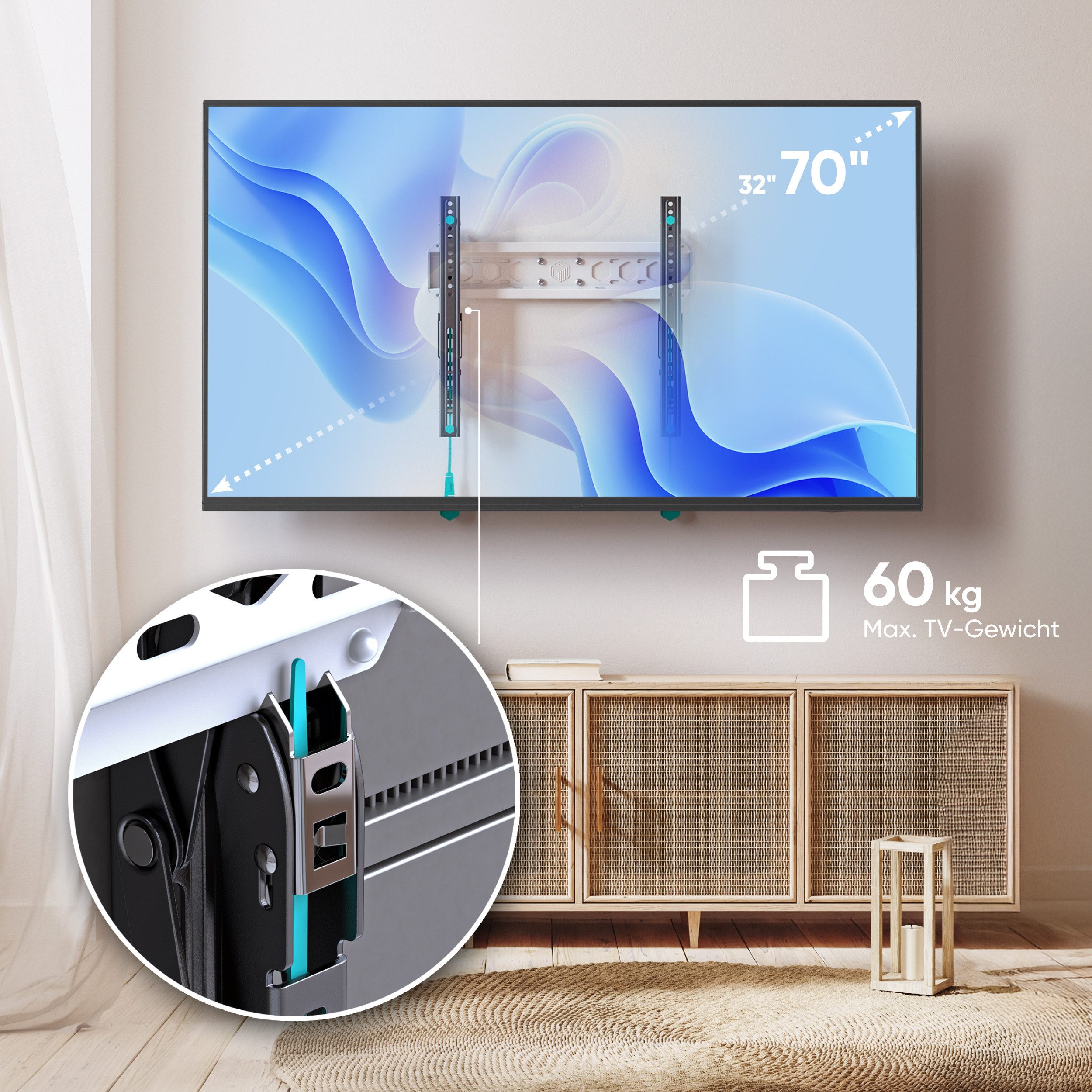 ONKRON TV-Wandhalterung 32-70 Zoll, bis 60 kg, VESA 75x75-400x400, TM5-BW, (bis 70 Zoll, neigbar, flach, dünn, Click’n’Pull-System, Wasserwaage)