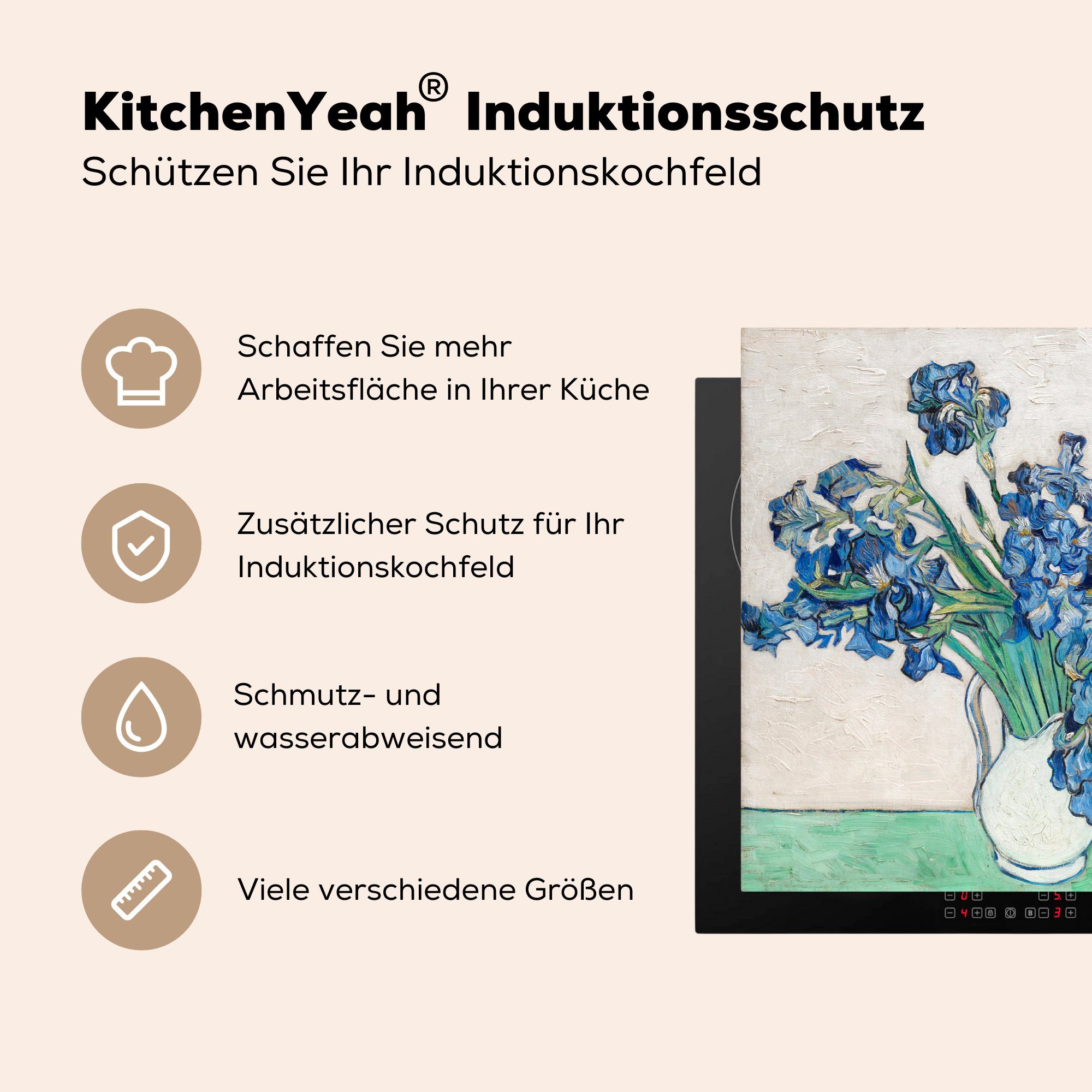 Vincent Ceranfeldabdeckung MuchoWow 59x52 van tlg), Gogh, cm, mit Vinyl, küche, für Herdblende-/Abdeckplatte die Schwertlilien - Induktionsmatte Vase (1