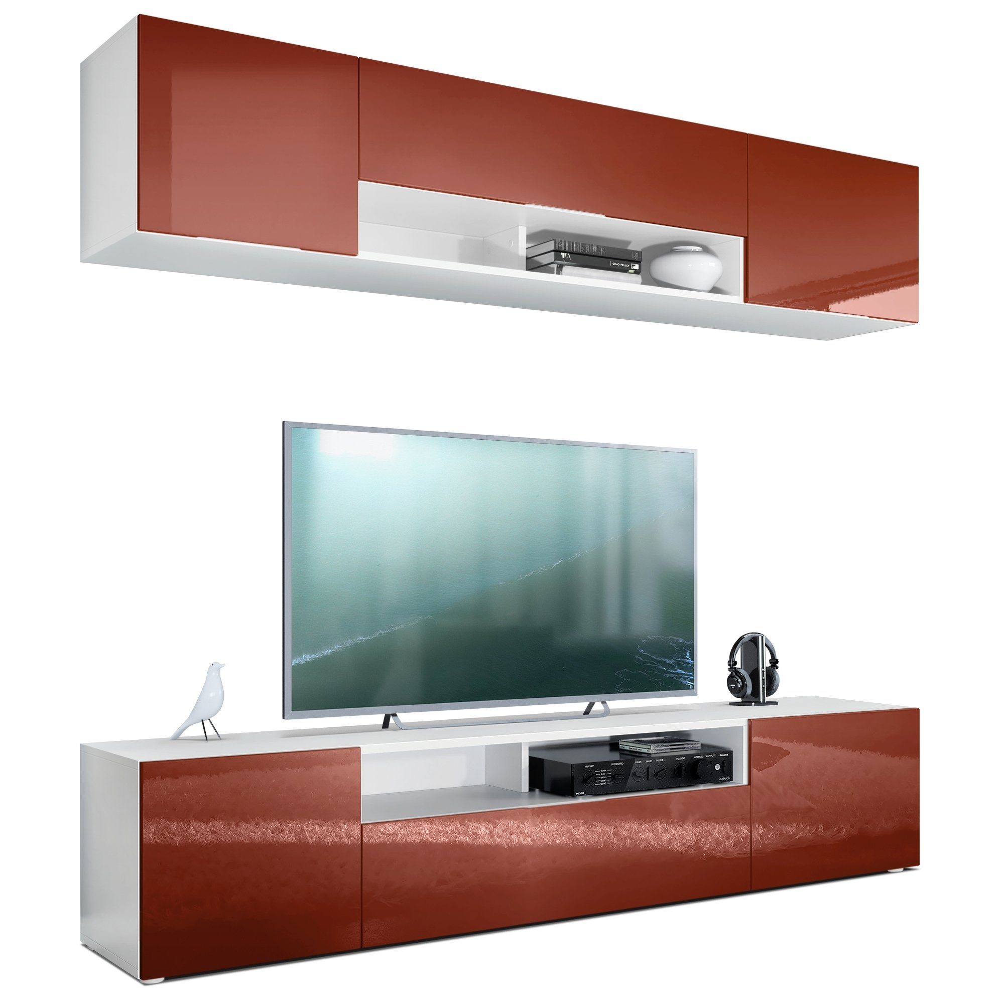 Vladon Wohnwand Mogan, (Anbauwand bestehend aus 2 TV-Boards, mit jeweils 2 Türen, 1 Klappe und 1 offenes Fach), Weiß matt/Bordeaux Hochglanz 2x (181 x 39 x 35 cm)