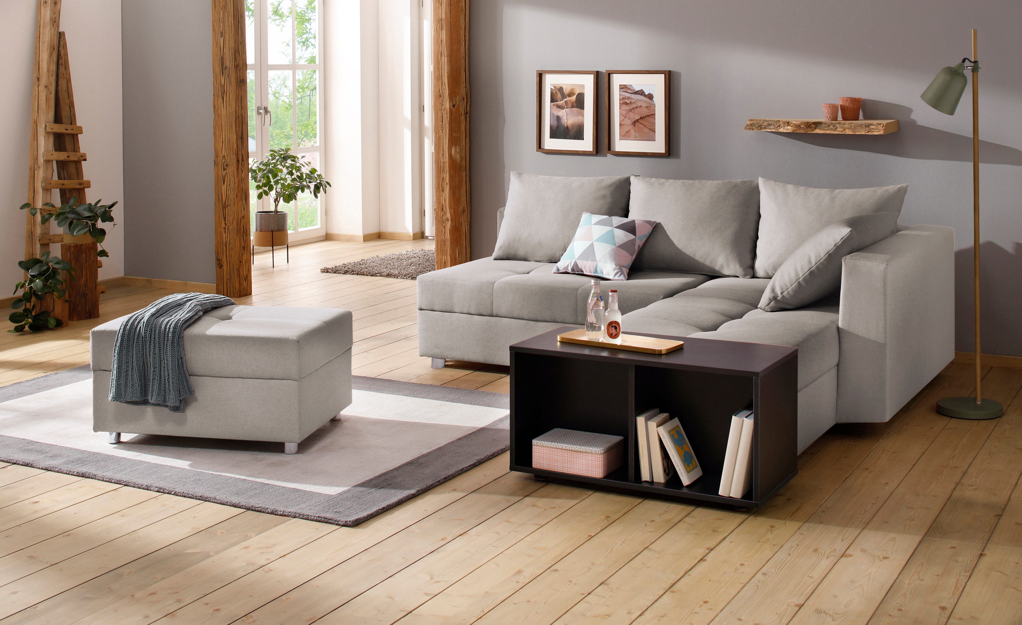 Home affaire Ecksofa Italia L-Form, B: 217 cm, Schlaffunktion, Bettkasten, Federkern, frei stellbar, mit Zierkissen, Gästebettfunktion
