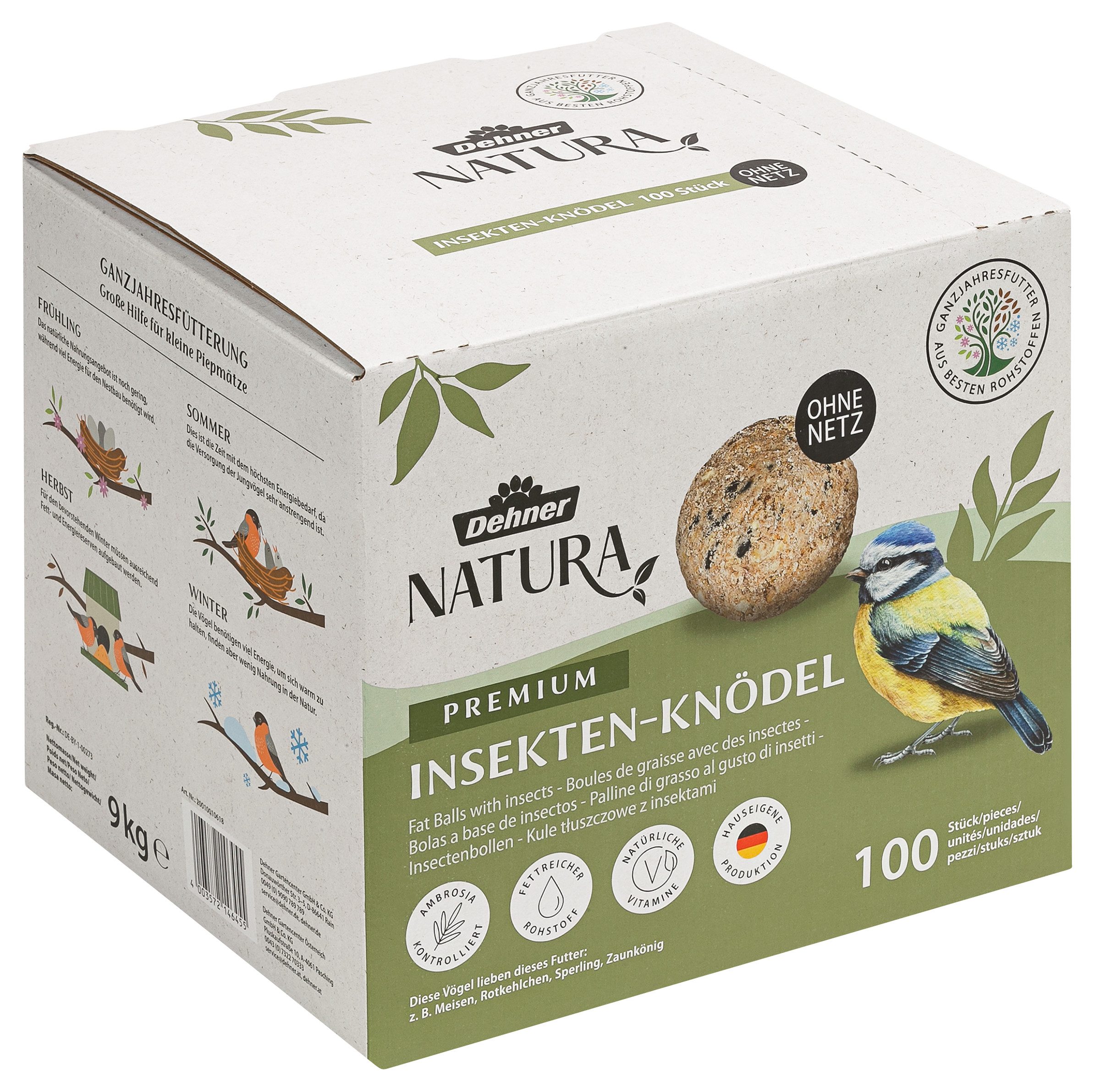 Dehner Natura Insektenknödel, Wildvogelfutter, 100 Stück je 90 Gramm (9 kg) Insekten, Hauptfutter für: Wildvogel, Gartenvögel, Meisenknödel ohne Netz, im Karton, zur ganzjährigen Fütterung