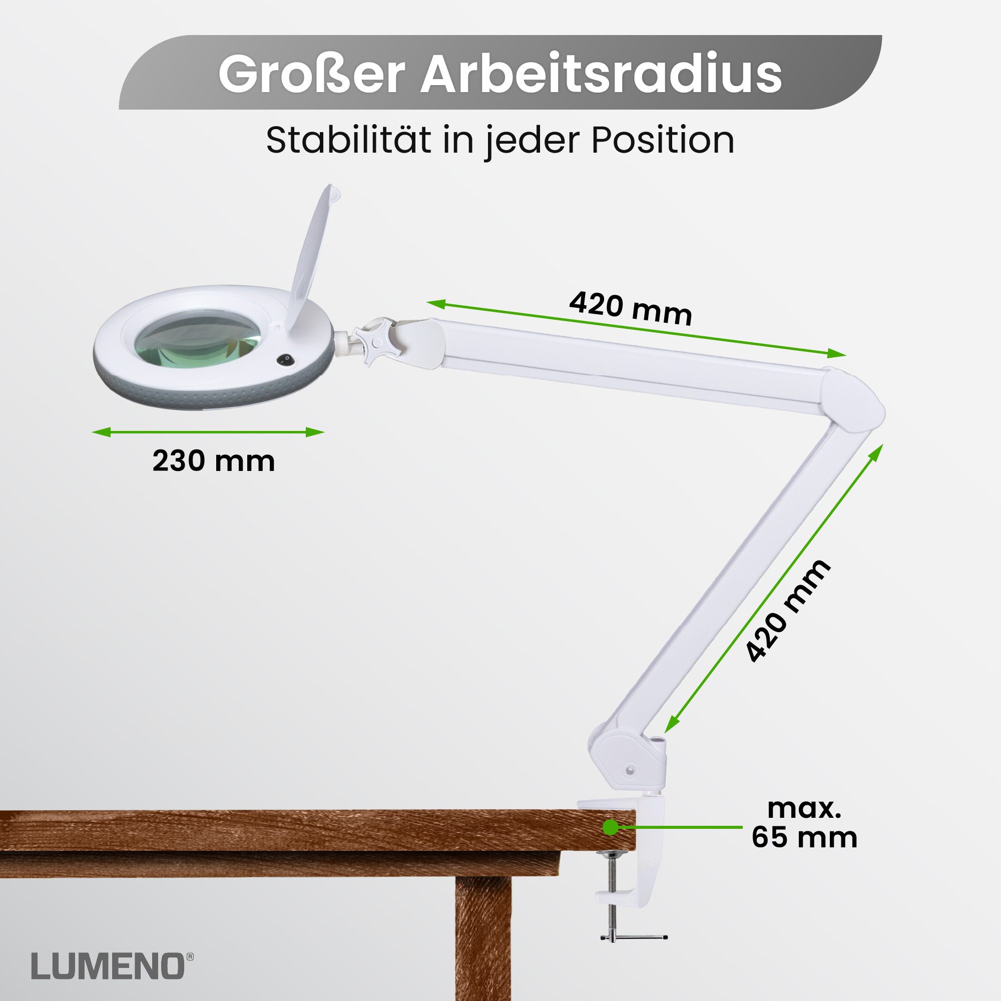 Lumeno Lupenlampe 721X LED Lupenleuchte CRI>90 mit Tischklemme und 127 mm Echtglaslinse, LED fest integriert, Kaltweiß, 6500 K, LED Leuchte