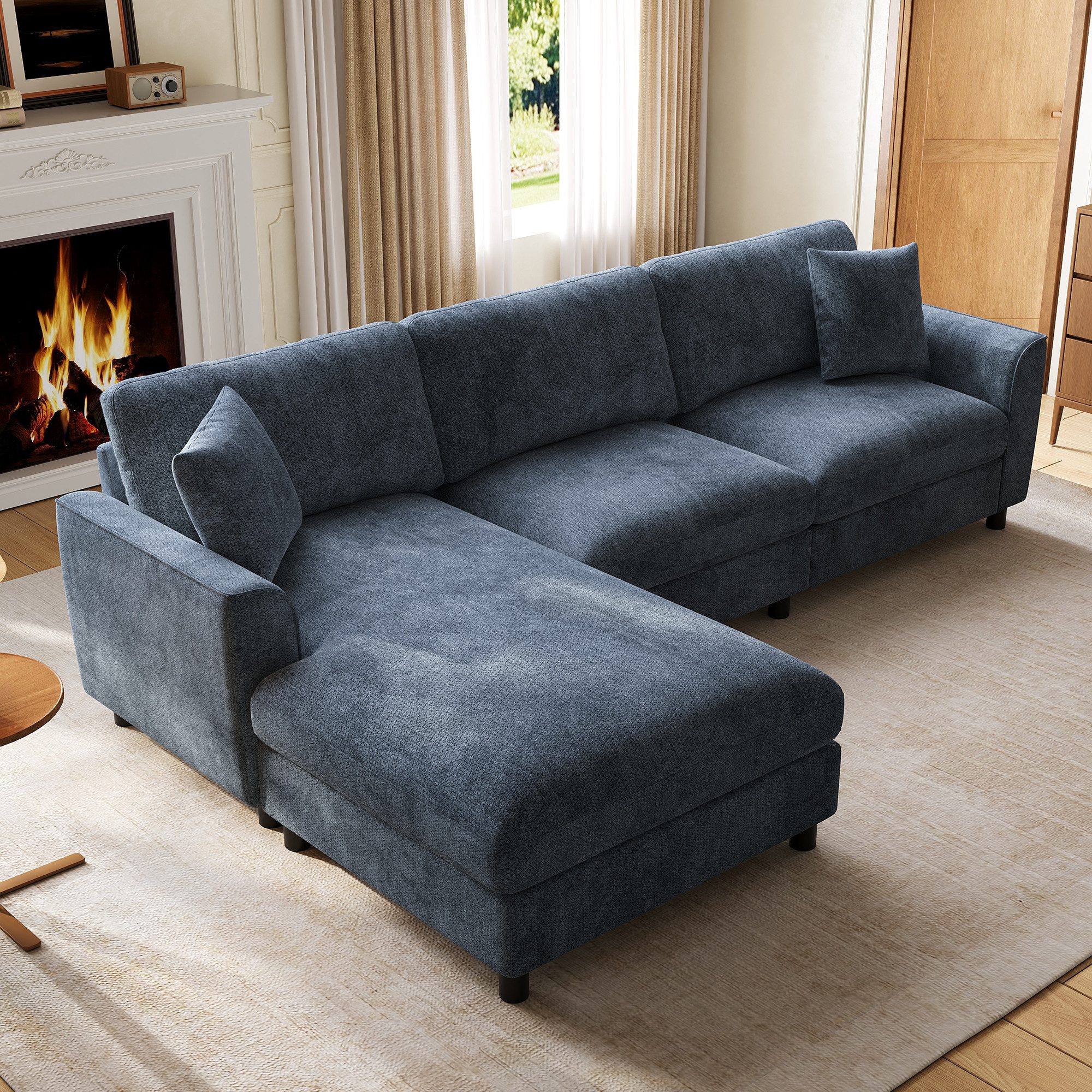 Flieks Ecksofa L-Form 3-Sitzer Schlafsofa, Chaiselongue links/rechts wechselbar, 256×137×79 cm, modularer Eckcouch Wolkenform mit Liegefläche Chenille Blau