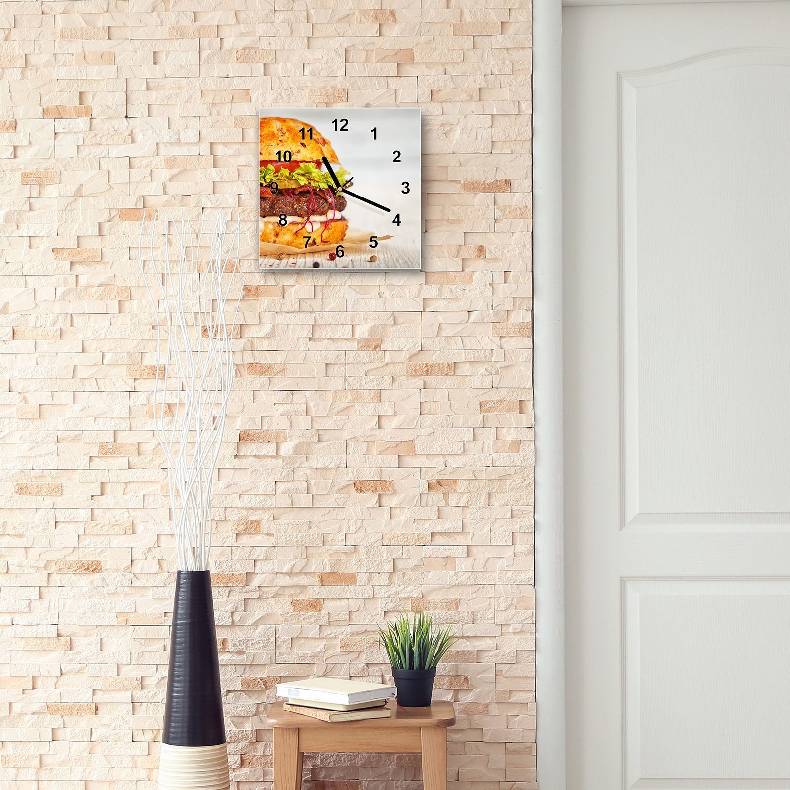 Wanduhr 30 Wandkunst x platziert 30 schön Motiv cm Wanduhr Burger mit Größe Glasuhr Primedeco