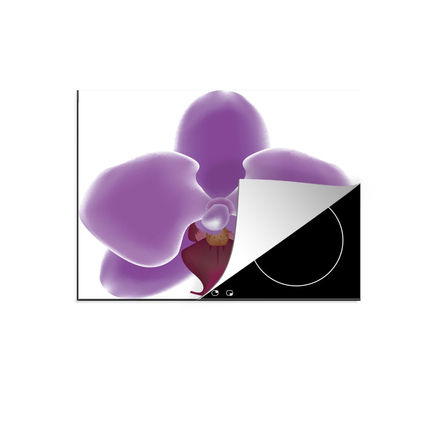 Induktionskochfeld, auf weißem Eine lila Ceranfeldabdeckung Hintergrund, Orchidee (1 Induktionsschutz, Illustration Herdblende-/Abdeckplatte einer Vinyl, tlg), 57x51 MuchoWow cm,