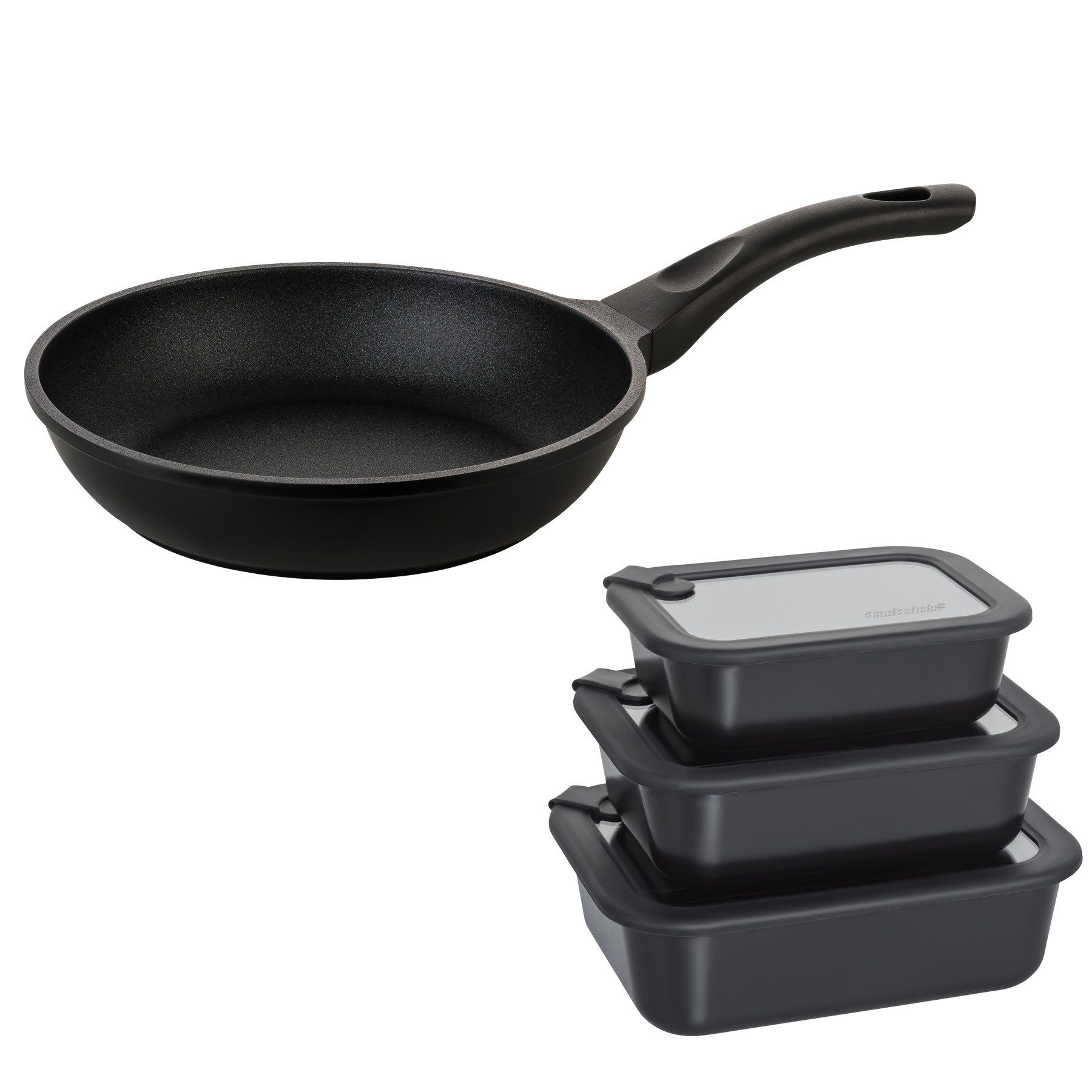 Mulex Bratpfanne TOMALIN Premium 26 cm inklusive LUND Meal Cubes – aus gehärtetem Glas, Pfanne Aluguß (Premium Qualität // 7tlg., 7-tlg., Tomalinbeschichtung // Meal Cube aus gehärtetem Glas), induktionsgeeignet