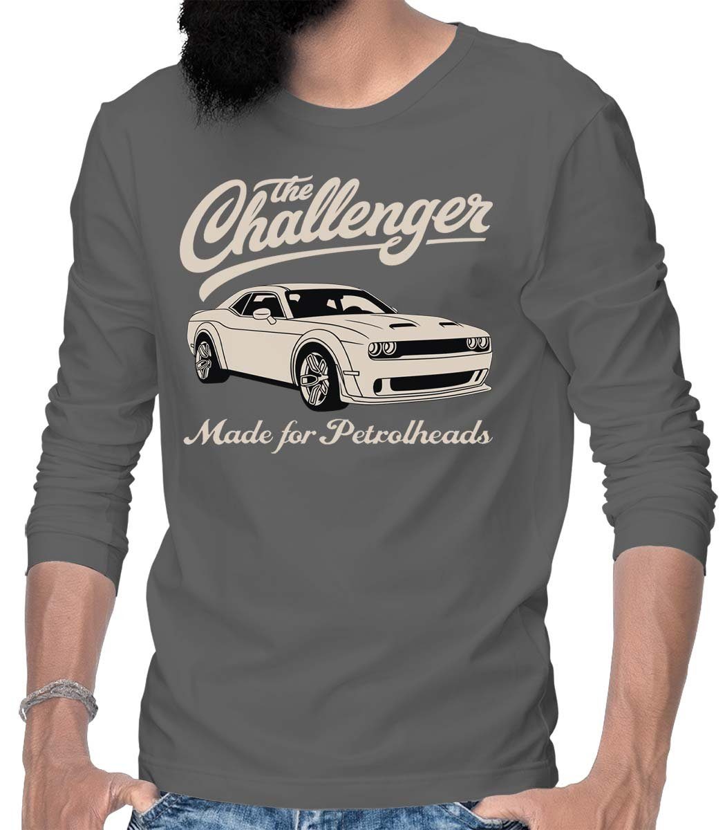 Challenger Herren Motiv Auto / US-Car On Grau T-Shirt Langarm mit Wheels Longsleeve Rebel The
