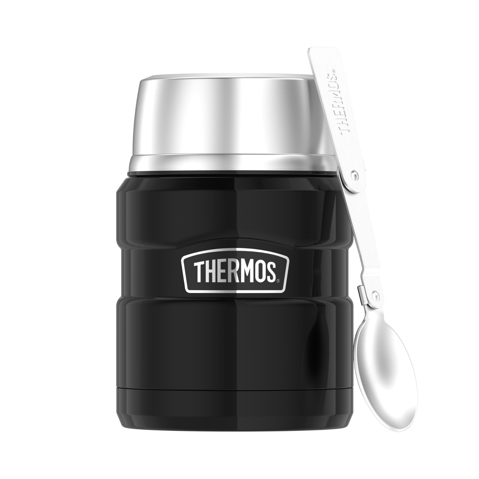 THERMOS Thermobehälter STAINLESS KING, Thermobehälter für Essen, spülmaschinenfest, Edelstahl, Kunststoff, Silikon, (1-tlg), 0,47l, 9h heiß & 14h kalt, dicht, Drehverschluss mit faltbarem Löffel