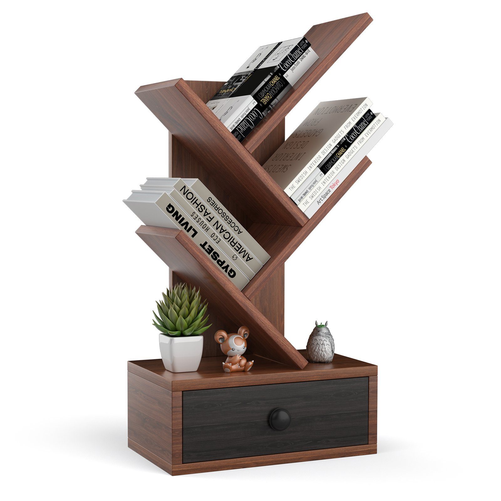 COSTWAY Bücherregal, stehend, in Baumform, mit Schublade, Holz, 30x17,5x60cm Braun