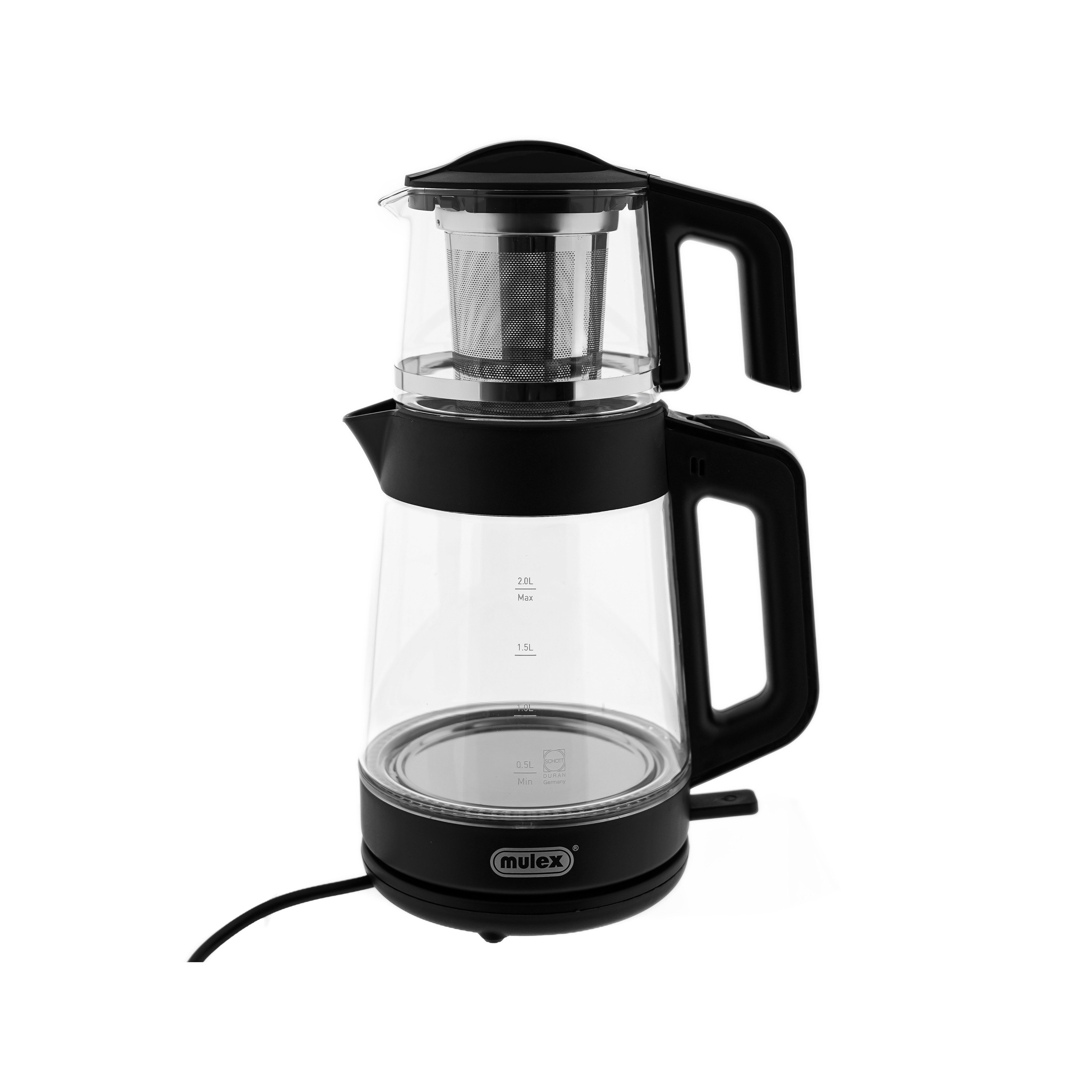 Mulex Wasser-/Teekocher Tee Express 2-in-1 aus Glas - 1L + 2L - Schwarz
