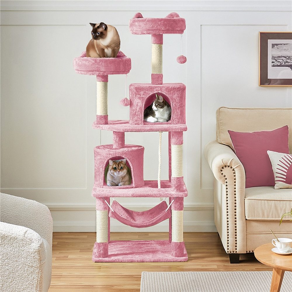 Yaheetech Kratzbaum 158/181 cm (H), Katzenbaum Kletterbaum 2 Aussichtsplattformen & 2 Höhlen & Hängematte