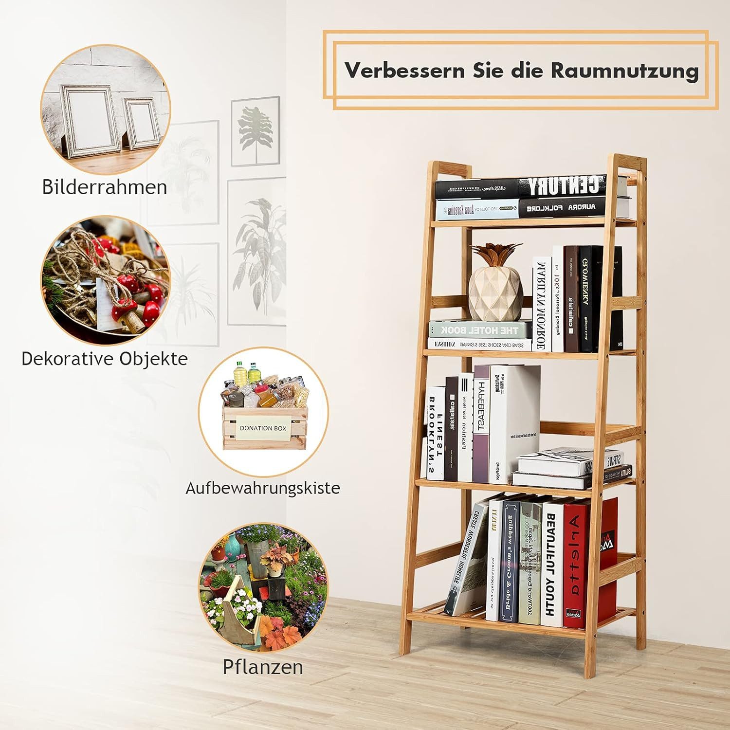 KOMFOTTEU Blumenständer, 4 Etagen Leiterregal aus Bambus