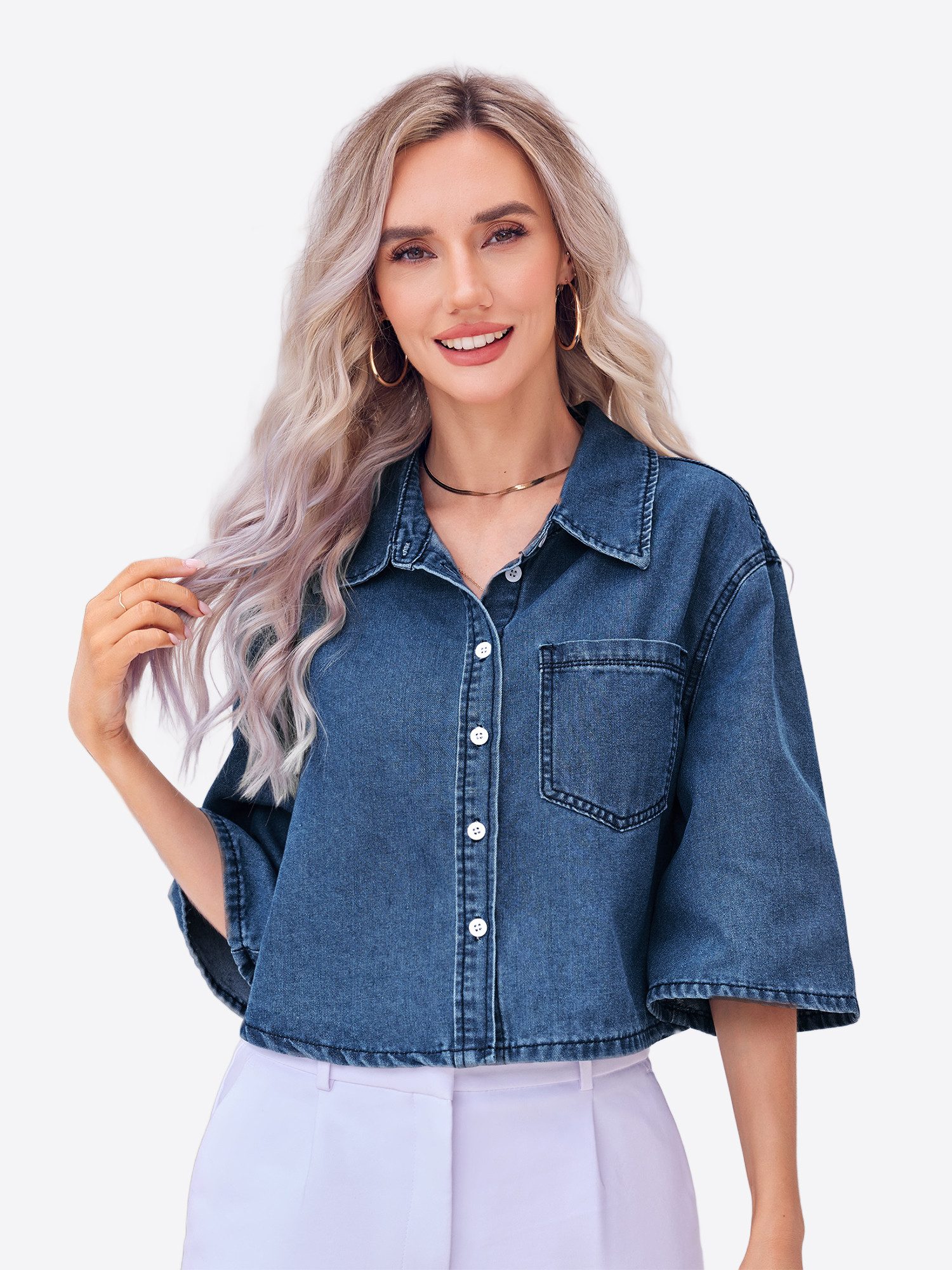 Imily Bela Jeansjacke Damen Crop Denim Halbarm Teilungsnaht Oberteil (Packung, 1-St., 1per-Pack) in Unifarbe