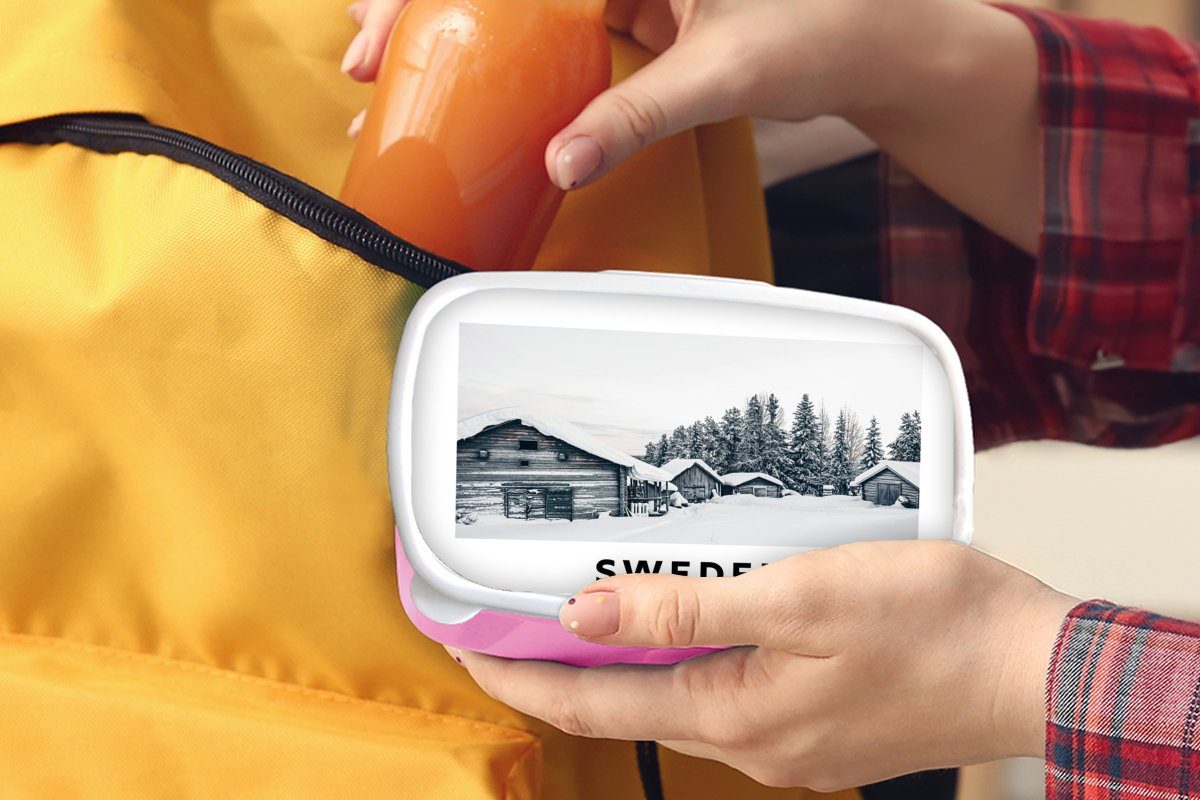 Brotdose - Kunststoff, Kinder, Lunchbox rosa Snackbox, Baum Skandinavien, Kunststoff Erwachsene, - Brotbox MuchoWow - (2-tlg), für Schnee Mädchen, Schweden