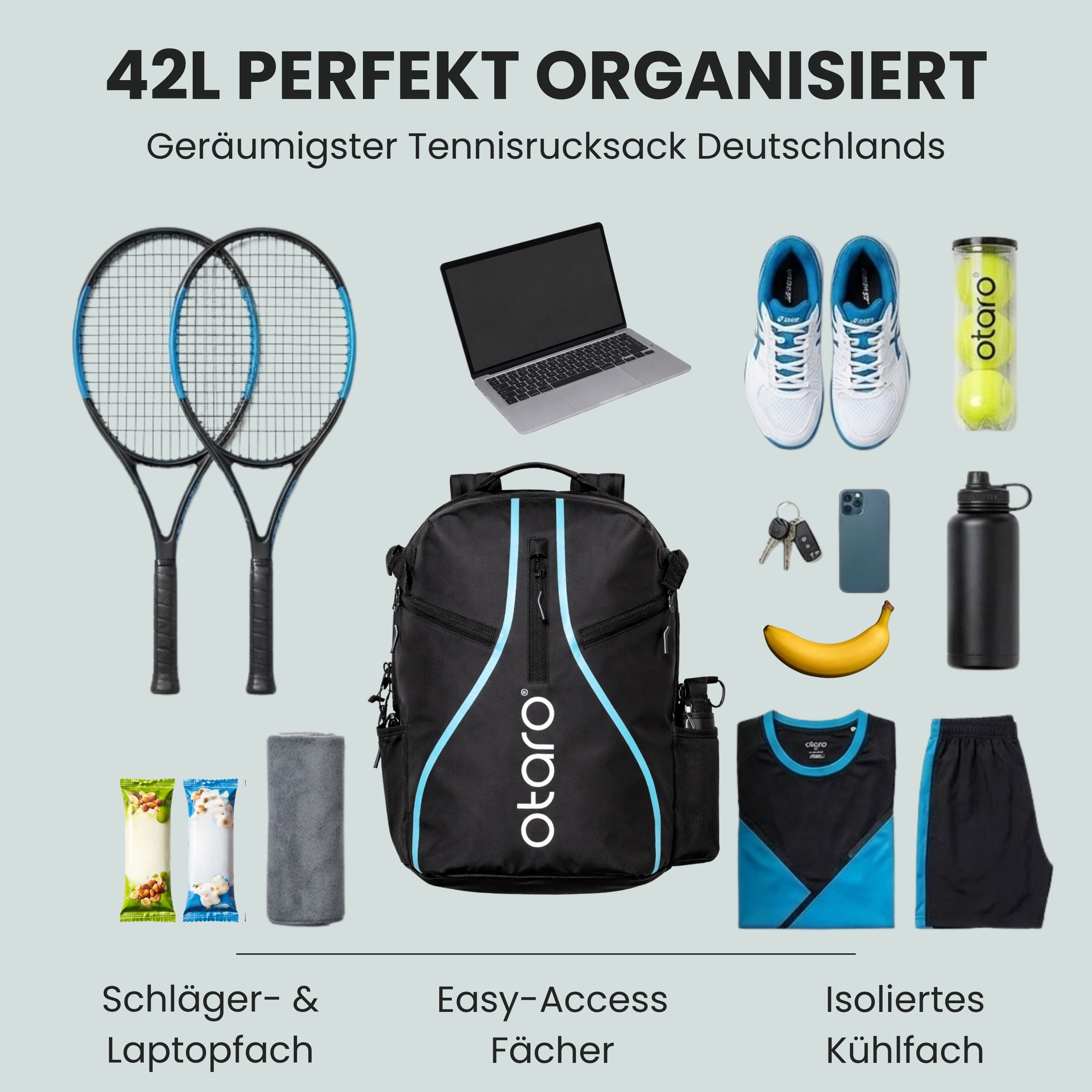 Otaro Tennisrucksack mit Schuhfach, Tennistasche für 2 Schläger, Schlägertasche, 42L (Perfekt durchdacht für die gesamte Ausrüstung, mit Thermo-Schlägerfach, Laptopfach & isoliertem Getränkefach), wasserabweisende Tennis Tasche für Herren & Damen