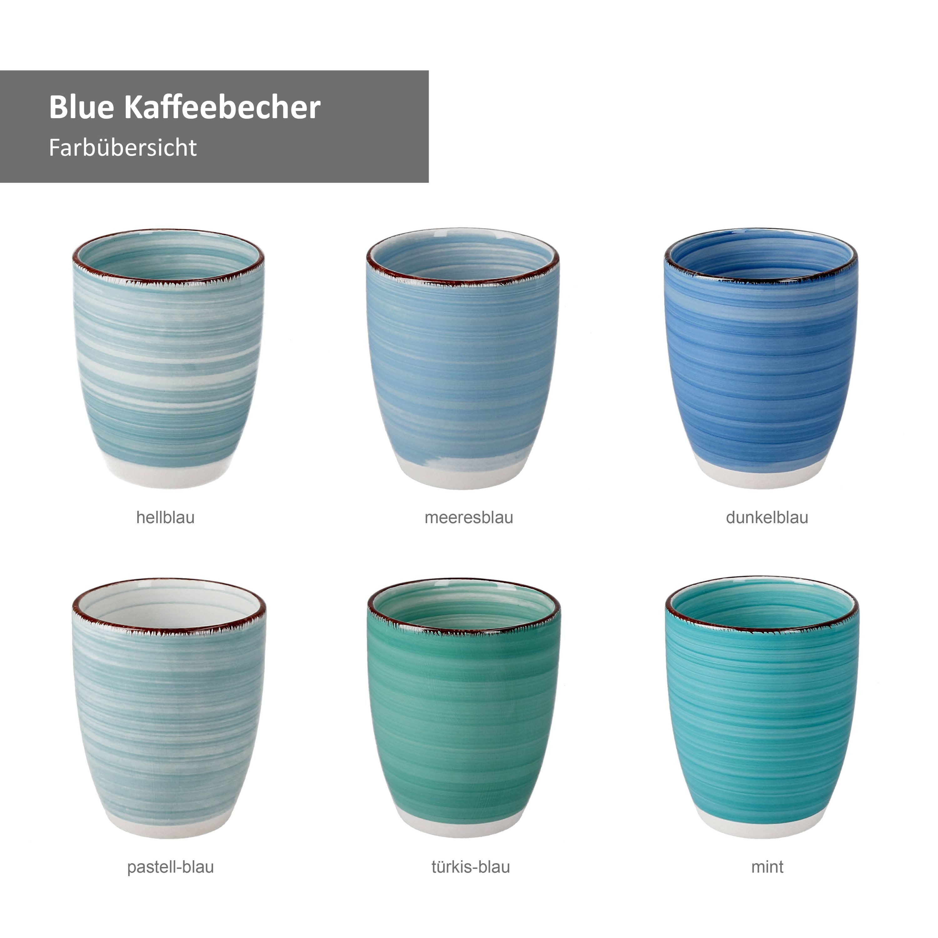 MamboCat Becher 6er Kaffeebecher Set Blue 300ml ohne Henkel Trinkbecher Tee Pott, Steingut