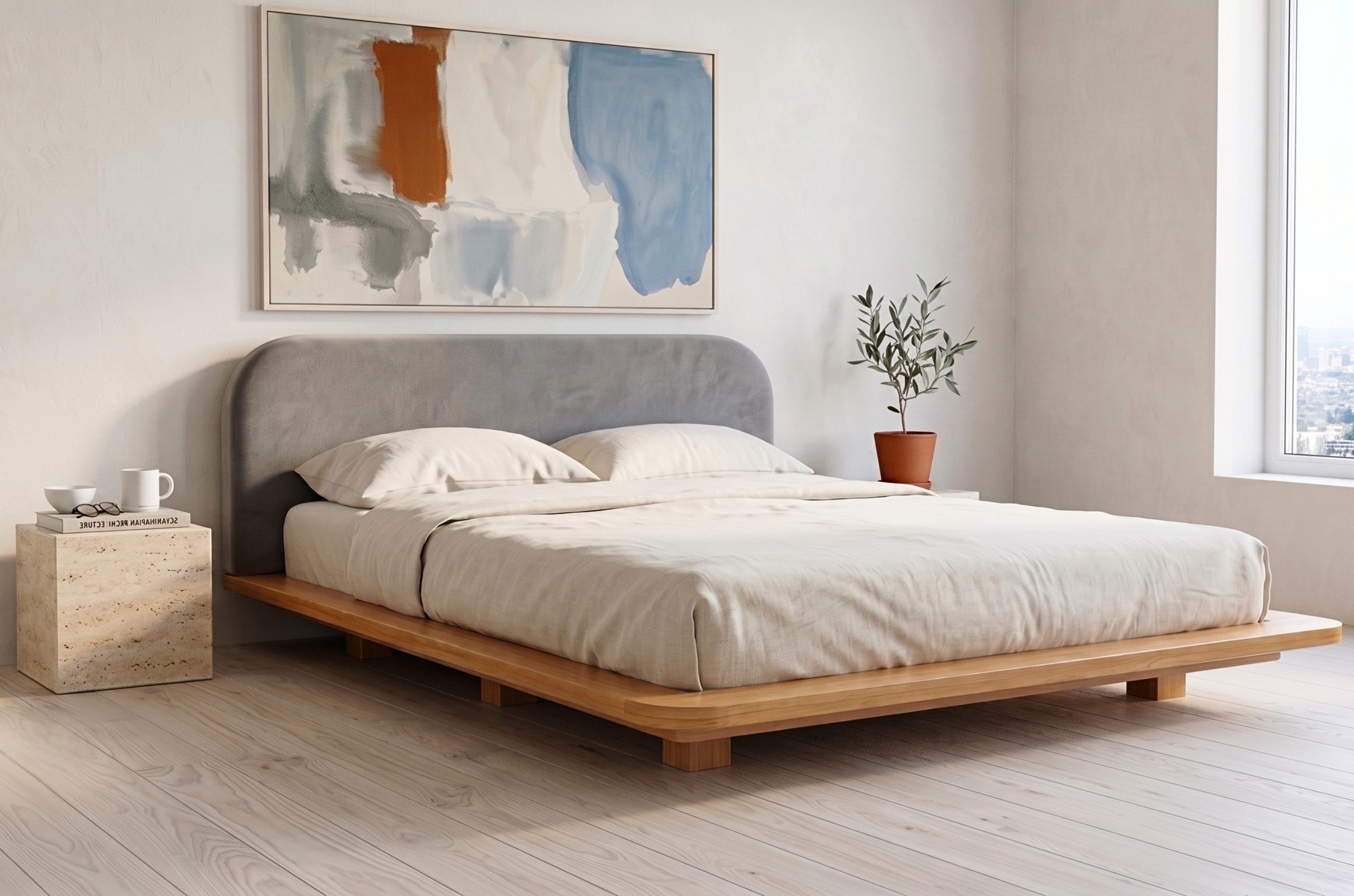 Eyko Holzbett Bora (Buchenbett Futonbett mit Schwebeeffekt), mit gepolstertem Kopfteil, 180/200, Buche - lackiert, Naturfarbe
