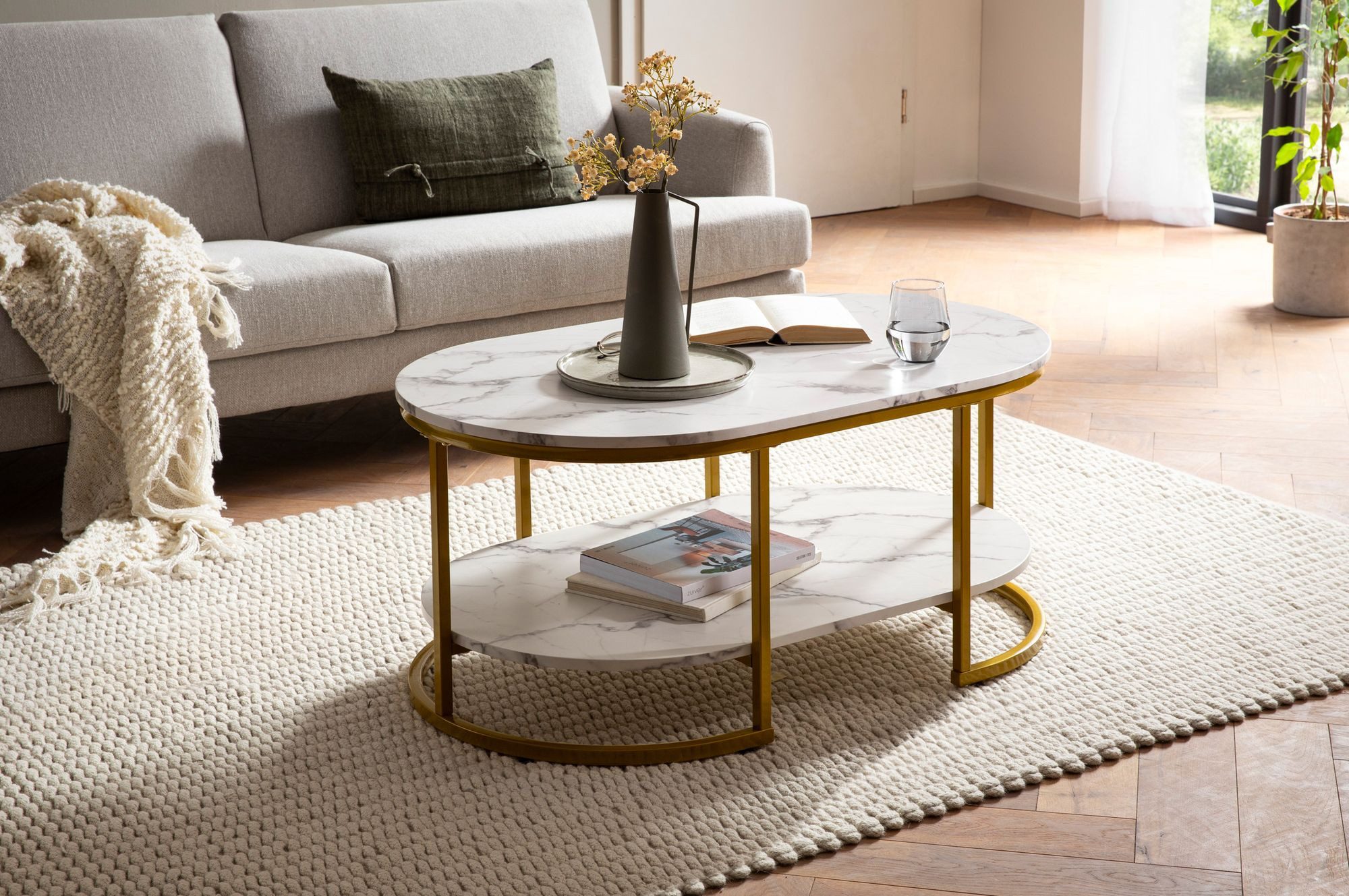 FINEBUY Couchtisch FB59209 Sofatisch 100 cm Marmor Optik Wohnzimmertisch Tisch Ablage (Wohnzimmertisch, Kaffeetisch mit Stauraum), 100x60x45cm, Sofatisch Marmor Optik Weiß Modern