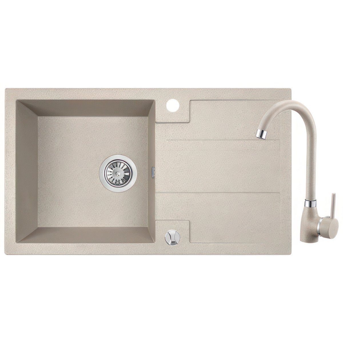 KOLMAN Küchenspüle Barbados Set Einzelbecken Granitspüle und Spültischarmatur, Rechteckig, 44/76 cm, Space Saving Siphon GRATIS Beige