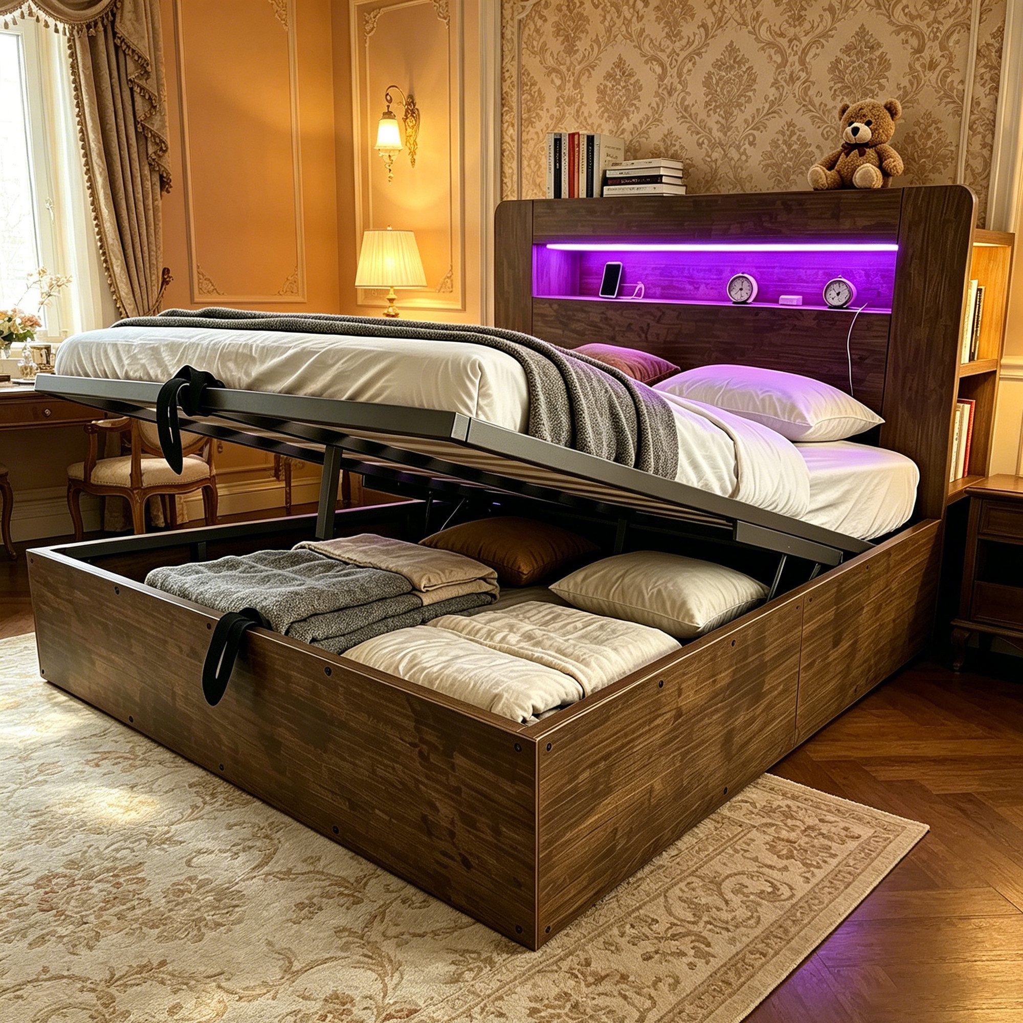 OKWISH Funktionsbett Holzbett Stauraumbett (mit Stauraum, hydraulischem Hubsystem, LED-Kopfteil und integrierten Steckdosen), ohne Matratze