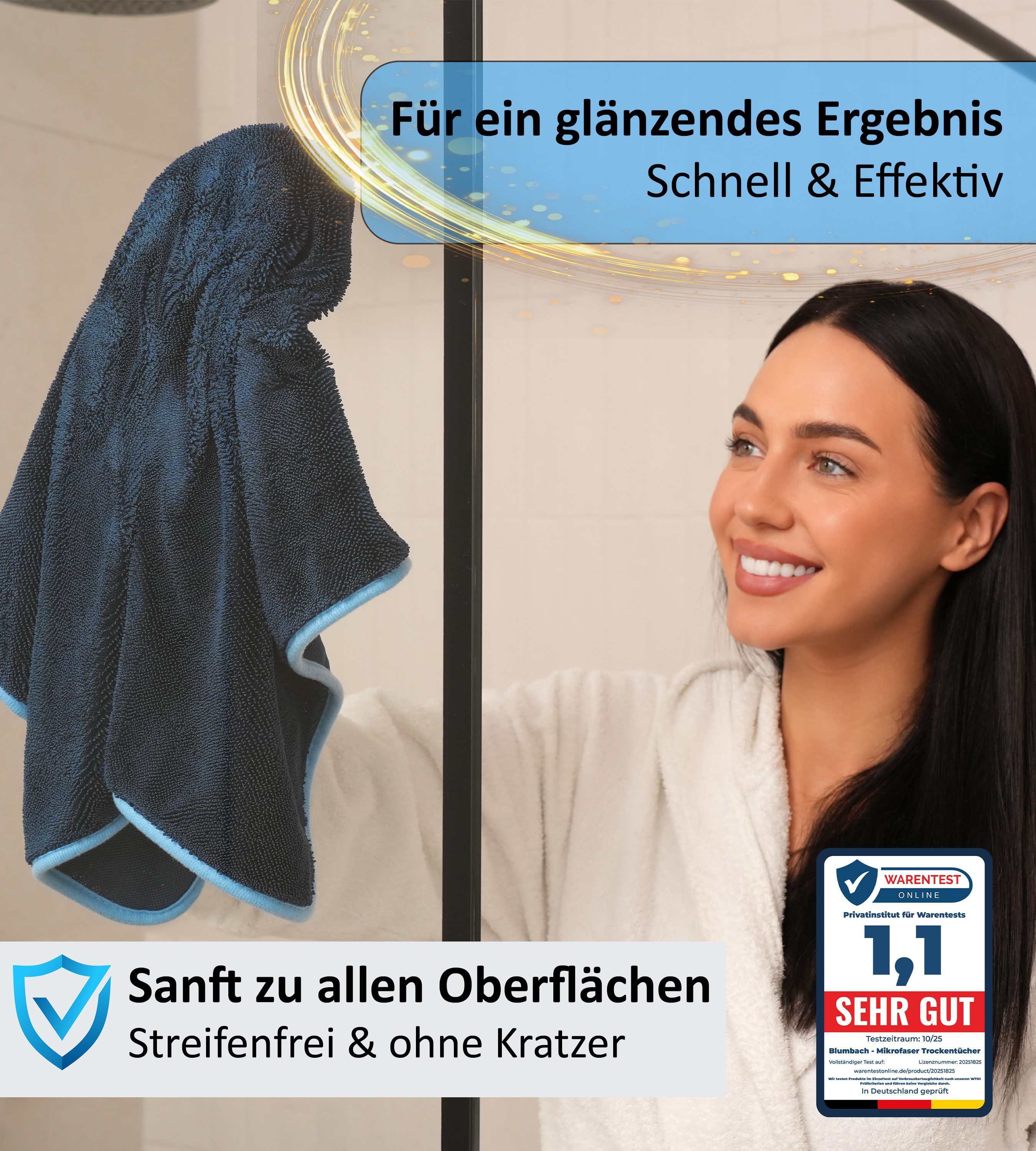 Blumbach Trockentuch Dusche & Auto 700 GSM, Mikrofasertuch (40x40 cm, 2er oder 3er Set inkl. 2 Klebehaken, 3-tlg., Microfaser Trockentuch Auto, Inkl. 2 Klebehak – Bild 4 von 5