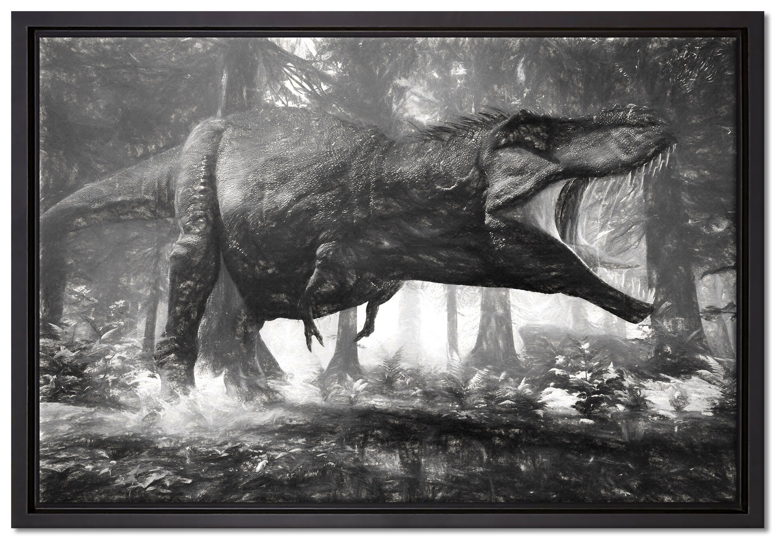 Pixxprint Leinwandbild T-Rex Dinosaurier im Wald Kunst, Wanddekoration (1 St), Leinwandbild fertig bespannt, in einem Schattenfugen-Bilderrahmen gefasst, inkl. Zackenaufhänger