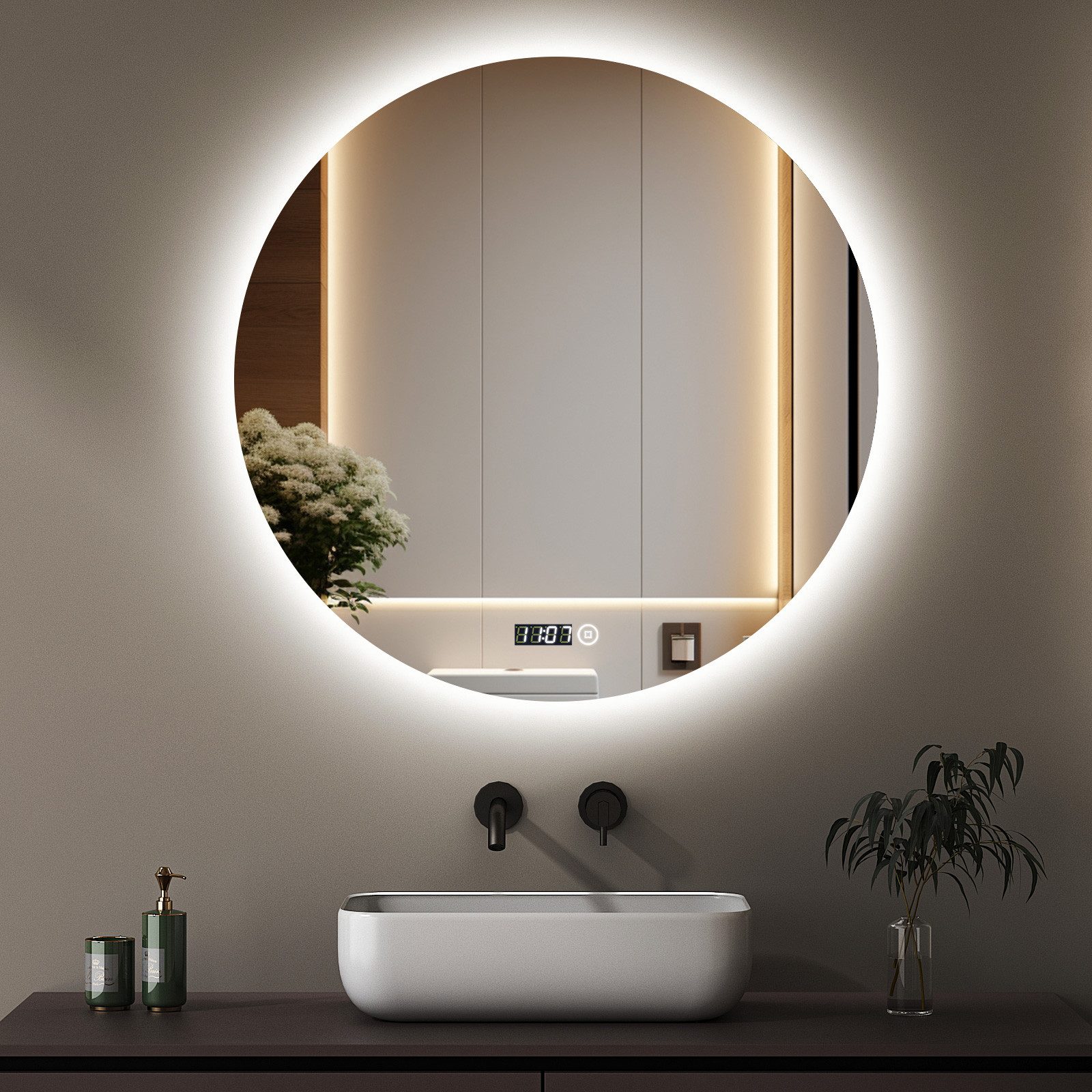 WDWRITTI Badspiegel Led Rund Rundspiegel 60 cm mit beleuchtung und Uhr 3Lic günstig online kaufen