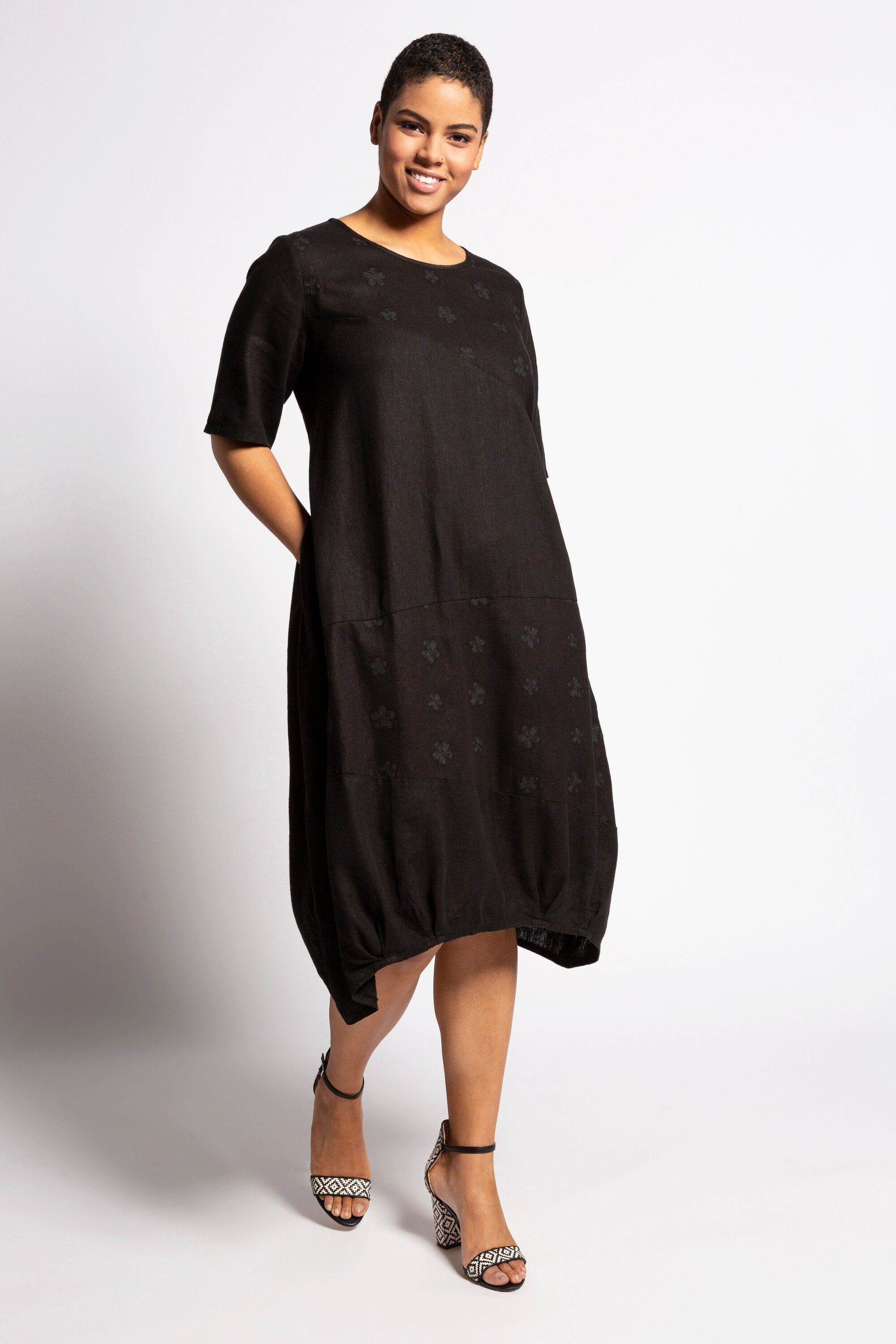 Ulla Popken Jerseykleid Kleid Blumen-Stickereien Leinenmix O-Silhouette