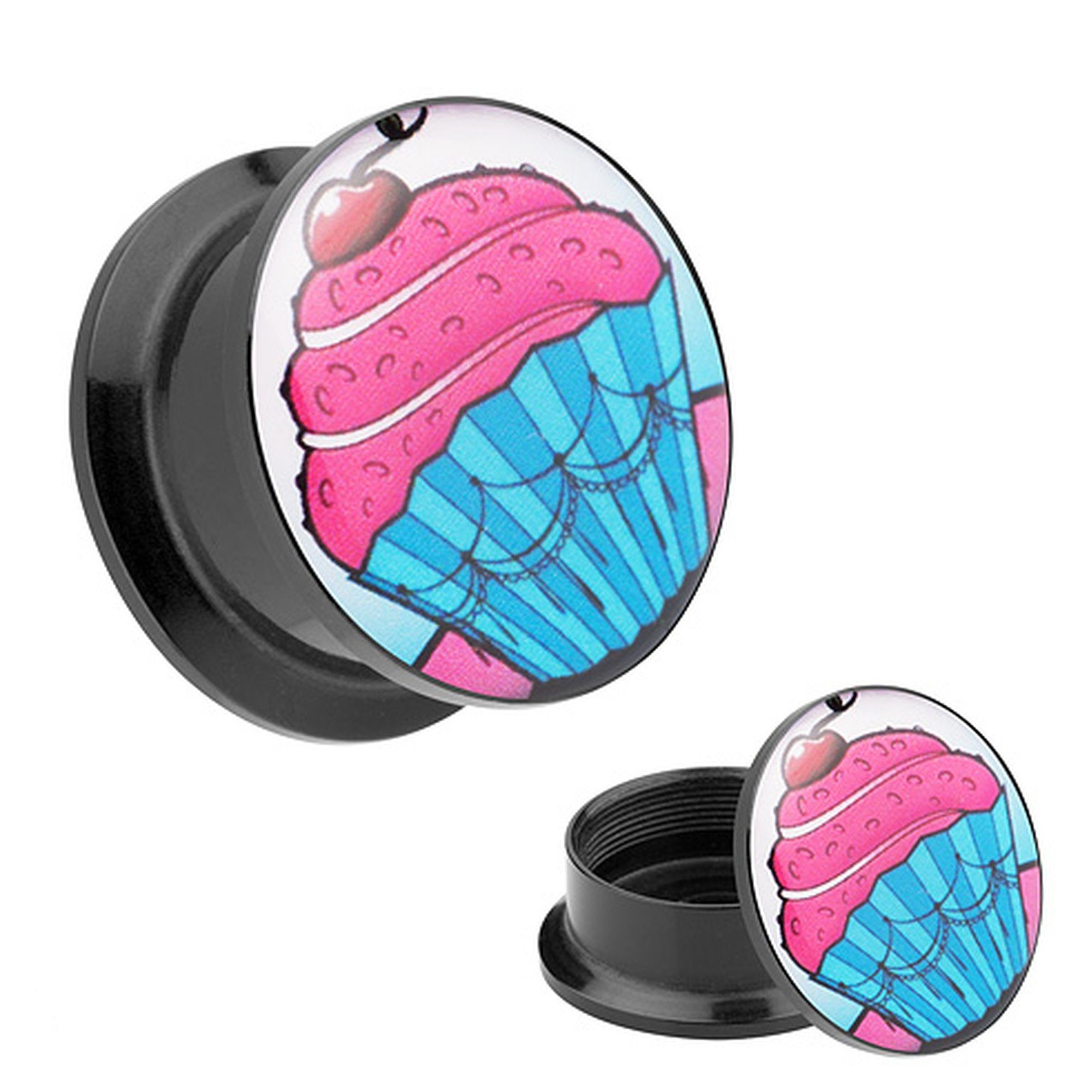 Taffstyle Plug Piercing Schraub Picture Muffin mit Kirsche Motiv, Ohr Plug Flesh Tunnel Ohrpiercing Kunststoff Schraubverschluß Cupcake