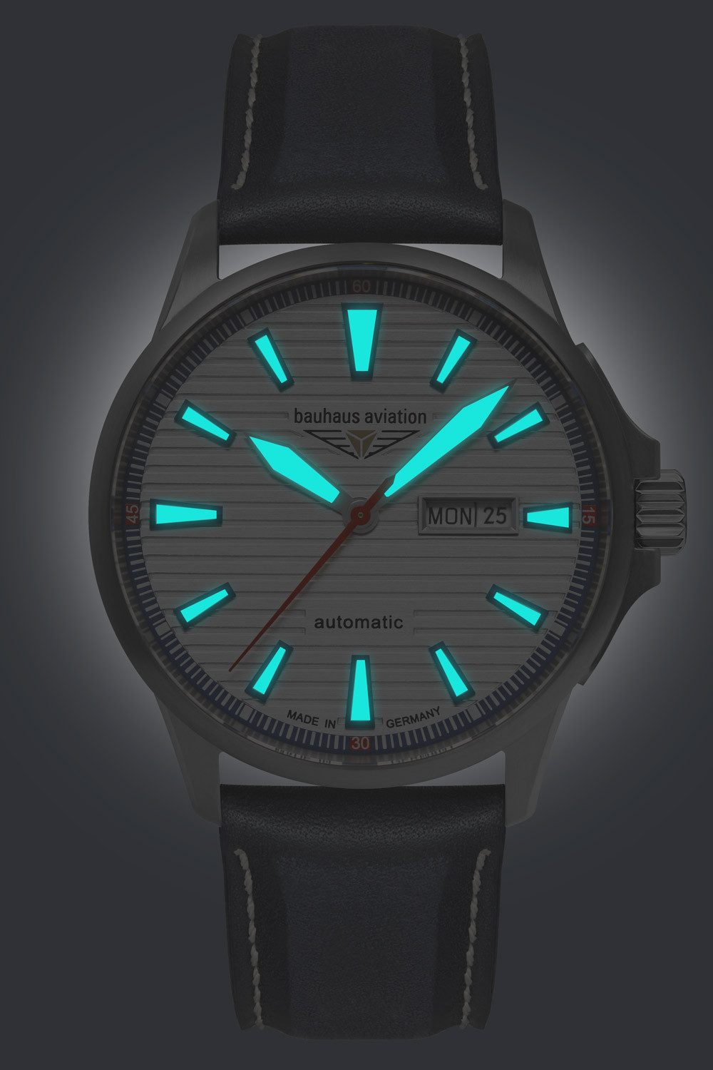 bauhaus Automatikuhr 2862-1, Herrenuhr Aviation Iron Annie Automatik Titan/Leder Blau