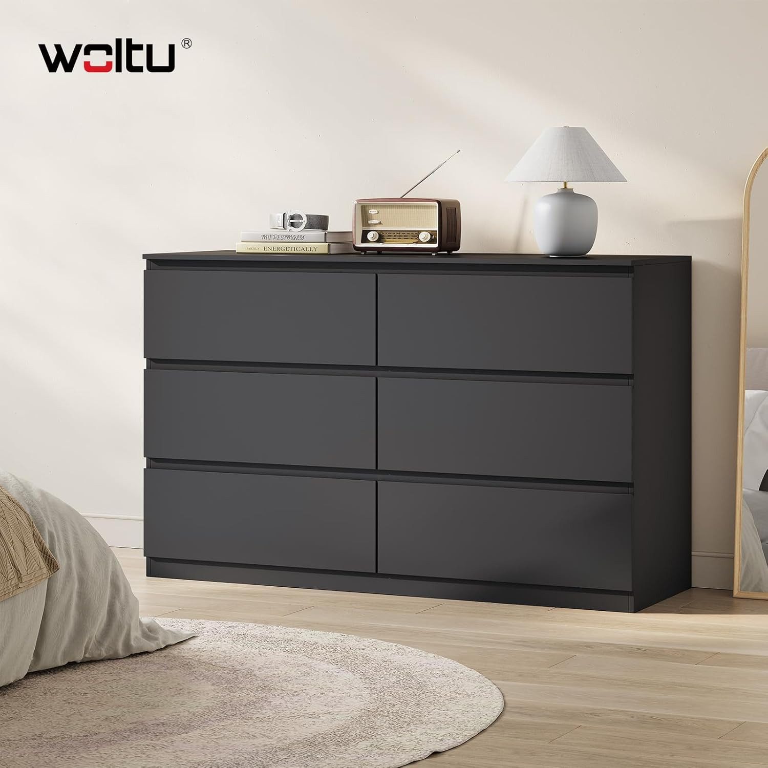 Woltu Kommode (1 St), mit 6 Schubladen, Schubladenschrank, 120 x 40 x 75 cm, Schwarz