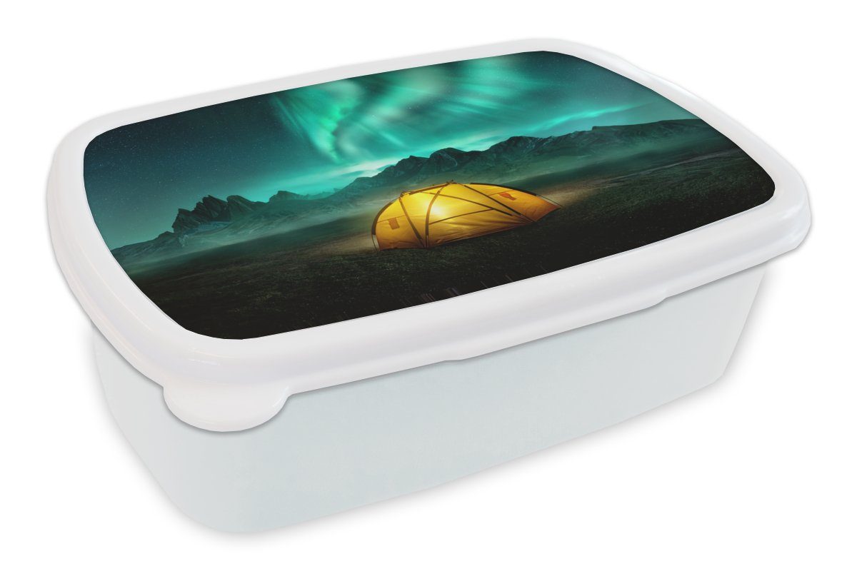 Lunchbox Kunststoff, MuchoWow für Mädchen Jungs und Nordlichter Kinder - Brotbox weiß (2-tlg), Brotdose, Erwachsene, Lampe, Zelt und für -