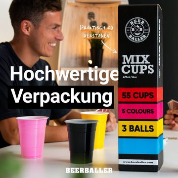 BeerBaller Becher BeerBaller® Mixed Cups - 55 Becher in 5 Farben & 3 Bällen als Set, 16oz/473ml