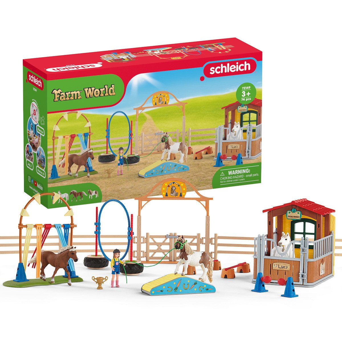 Schleich® Tierfigur FARM WORLD 72149 Spielzeug-Set Agility bei der Pferdebox (5 St)