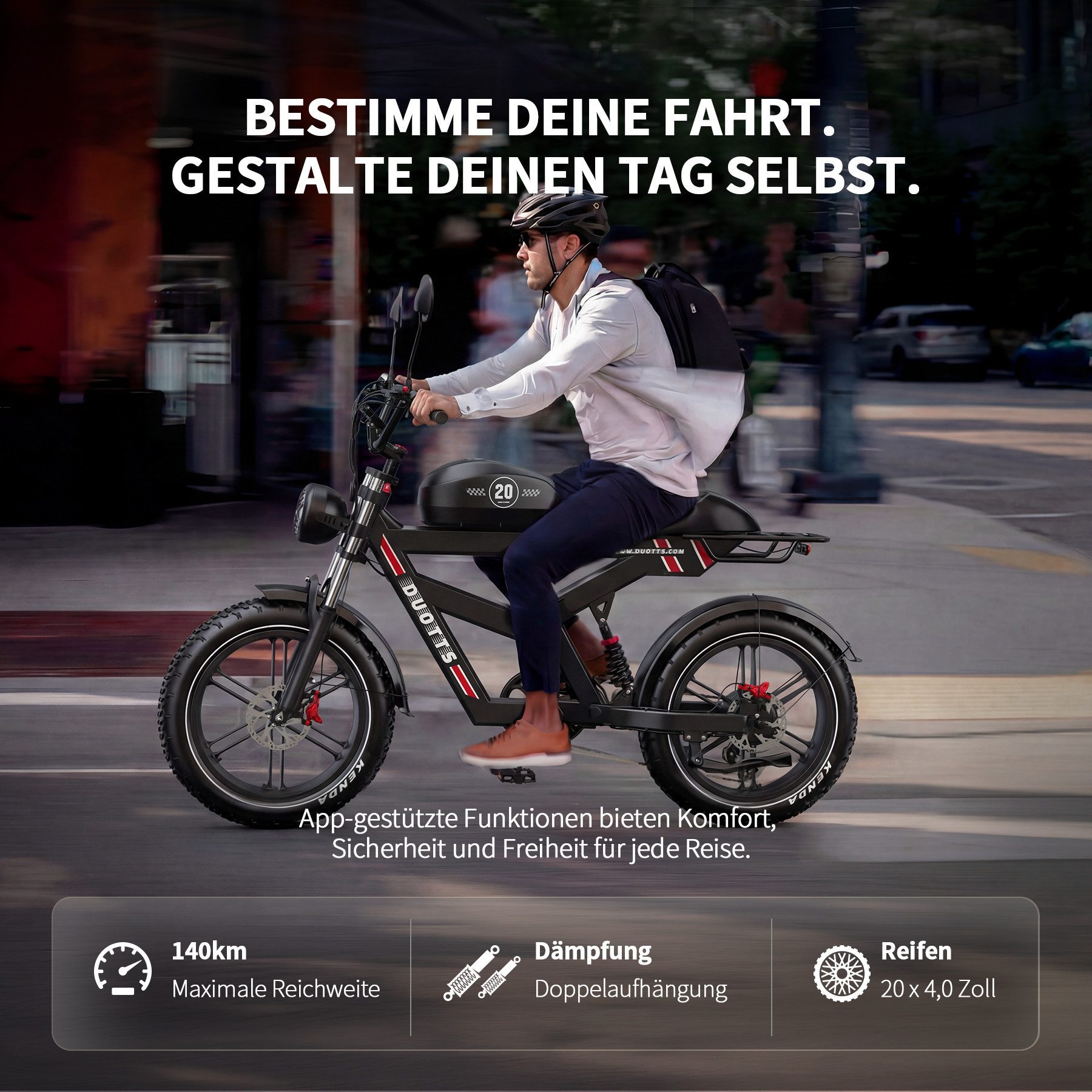 DUOTTS E-Bike Cityrad E-Fahrrad Max.140km, APP-Sicherheit 1404wh 20×4,0 Zoll Pedelec, Kettenschaltung, Heckmotor, 1404 Wh, E-Bikes mit Vollfederung, hydraulisch – Bild 5 von 5