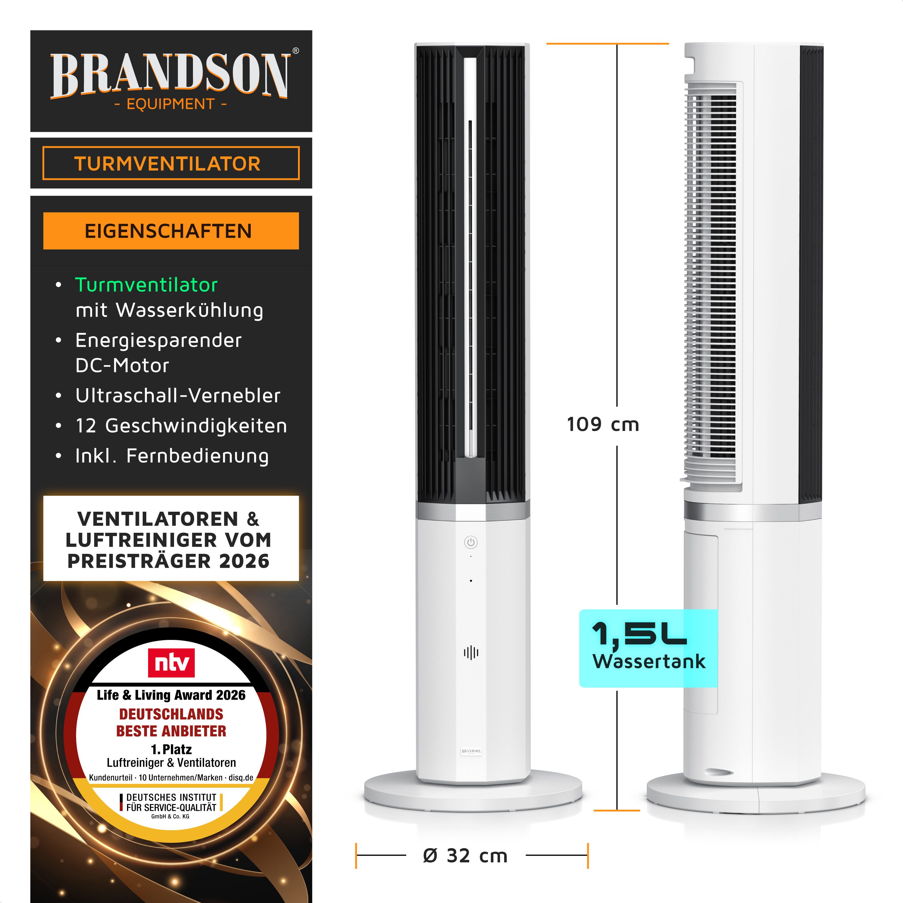 Brandson Turmventilator mobiler Luftkühler, Klimaanlage, Wasserkühlung, Timer, DC-Motor, 55W, NTV Sieger 2026, Luftbefeuchter, leiser Lüfter, 12 Stufen, GS-Geprüft