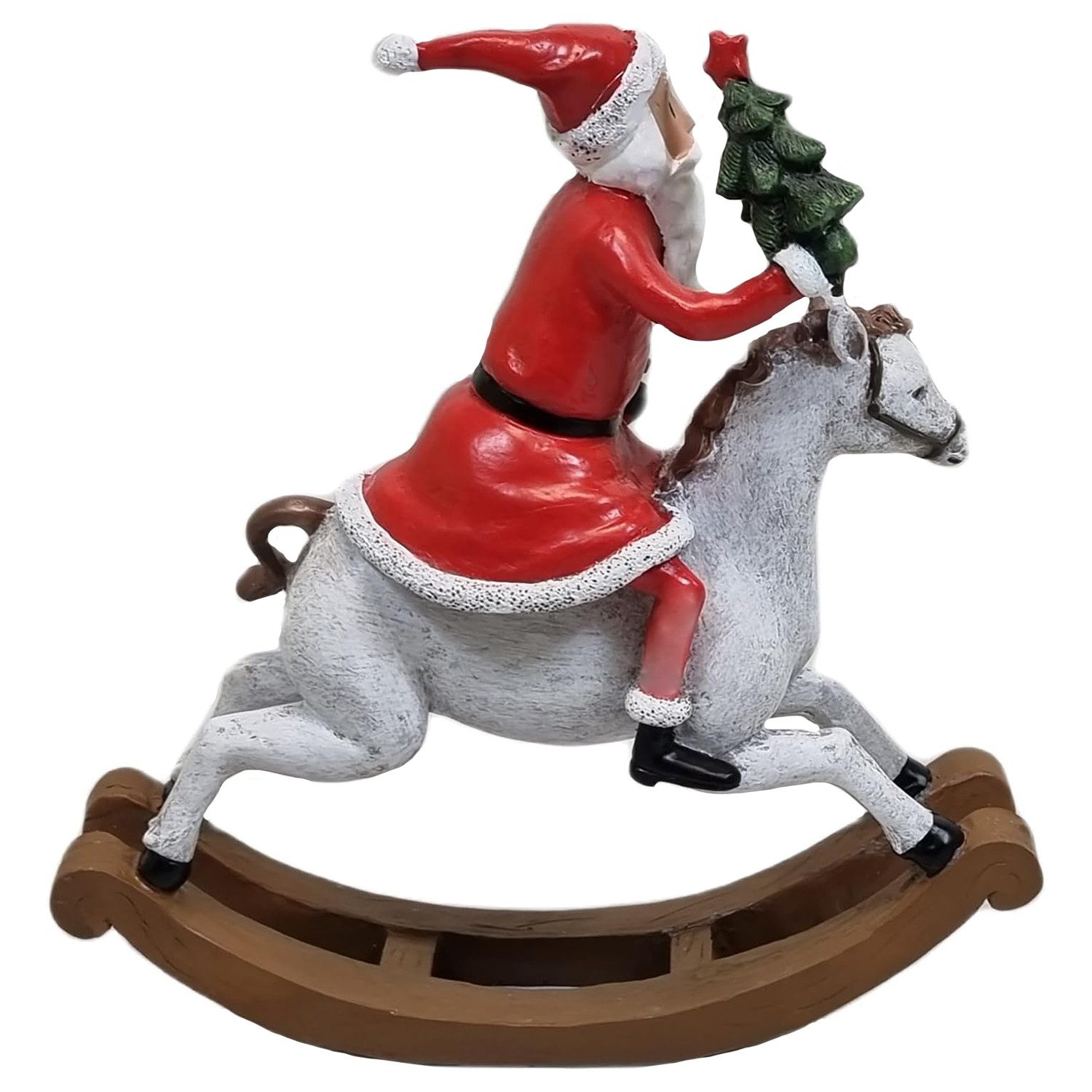 Fachhandel Plus Weihnachtsmann auf Schaukelpferd Weihnachtsfigur Weihnachtsdeko (1 St), zauberhafte Weihnachtsfigur